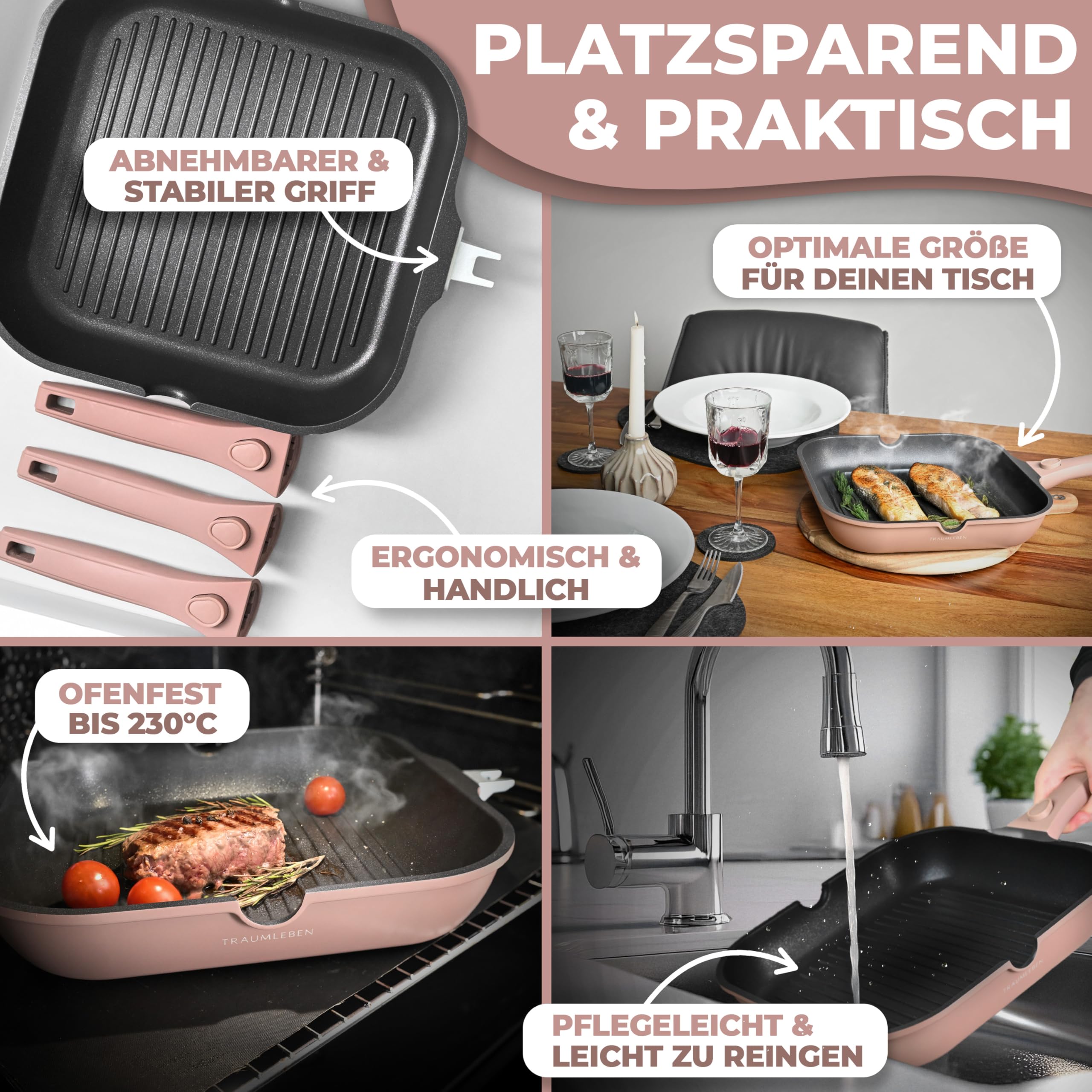 TRAUMLEBEN Grillpfanne 28 cm mit Ausguss & abnehmbarem Griff (Rosa) | Antihaftbeschichtung, PFOA-frei, für Induktion geeignet, backofenfest, Steakpfanne