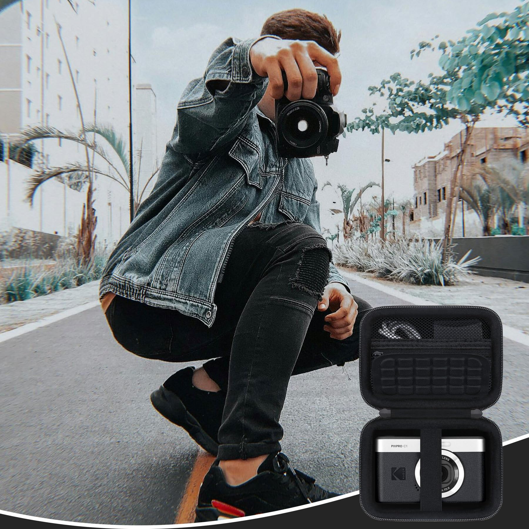 Custodia da viaggio per KODAK Pixpro C1 - Cámara Digital ultracompacta, Punta e spara supporto di archiviazione portatile per fotocamera digitale con borsa in rete per cavo di ricarica, Nero