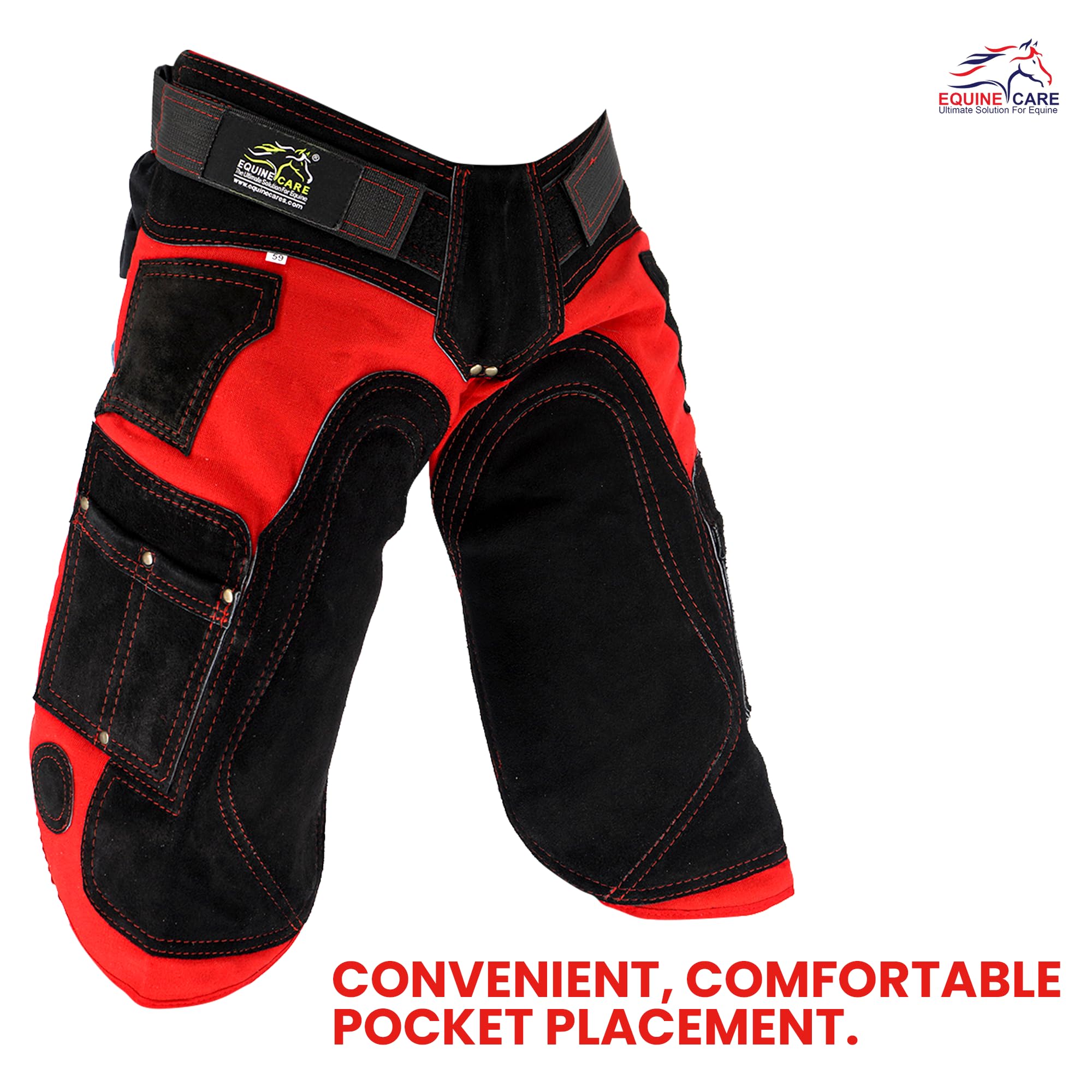 Equine Care Tablier Farrier Chaps en cuir de vache de 2 mm, toile 500 g/m², maille aérée, longueur 63,5 cm, taille réglable (71,1 à 132,1 cm), soutien ergonomique rembourré de mousse pour les cuisses