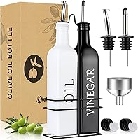 Vakoo Oil & Vinegar Dispenser Set - 17oz Leak-Proof Thick Glass Bottles, Pour Spouts, Holder & Funnel for Kitchen - White Black