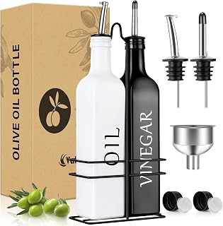 Vakoo Oil & Vinegar Dispenser Set - 17oz Leak-Proof Thick Glass Bottles, Pour Spouts, Holder & Funnel for Kitchen - White Black