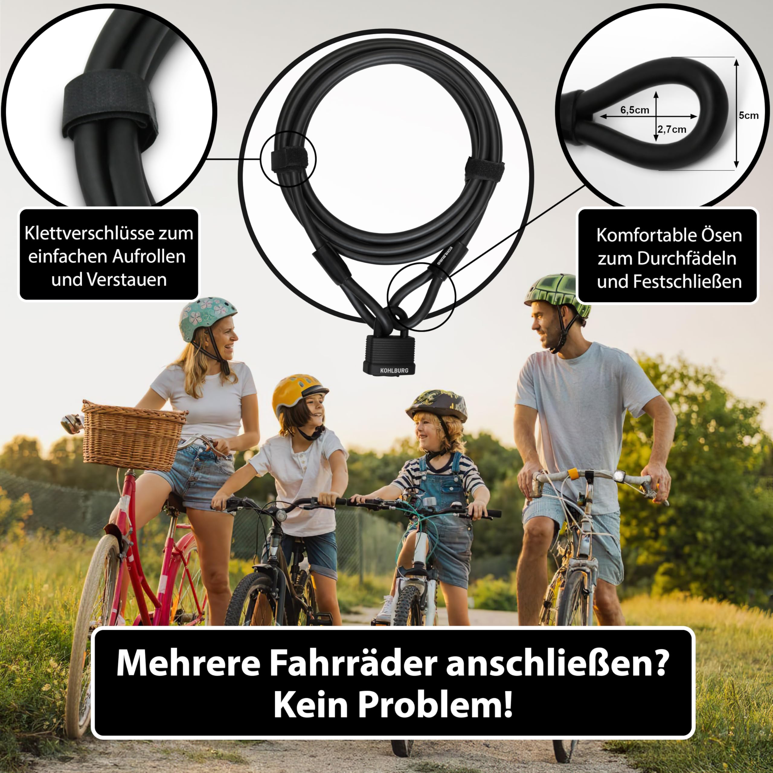 KOHLBURG Kabelschloss 5m lang - Schloss einfach ohne Schlüssel abschließbar - Stahlseil 5 Meter für Fahrrad mit Klettverschlüssen - Stahlkabel 500 cm für Gartenmöbel & als Fahrradschloss