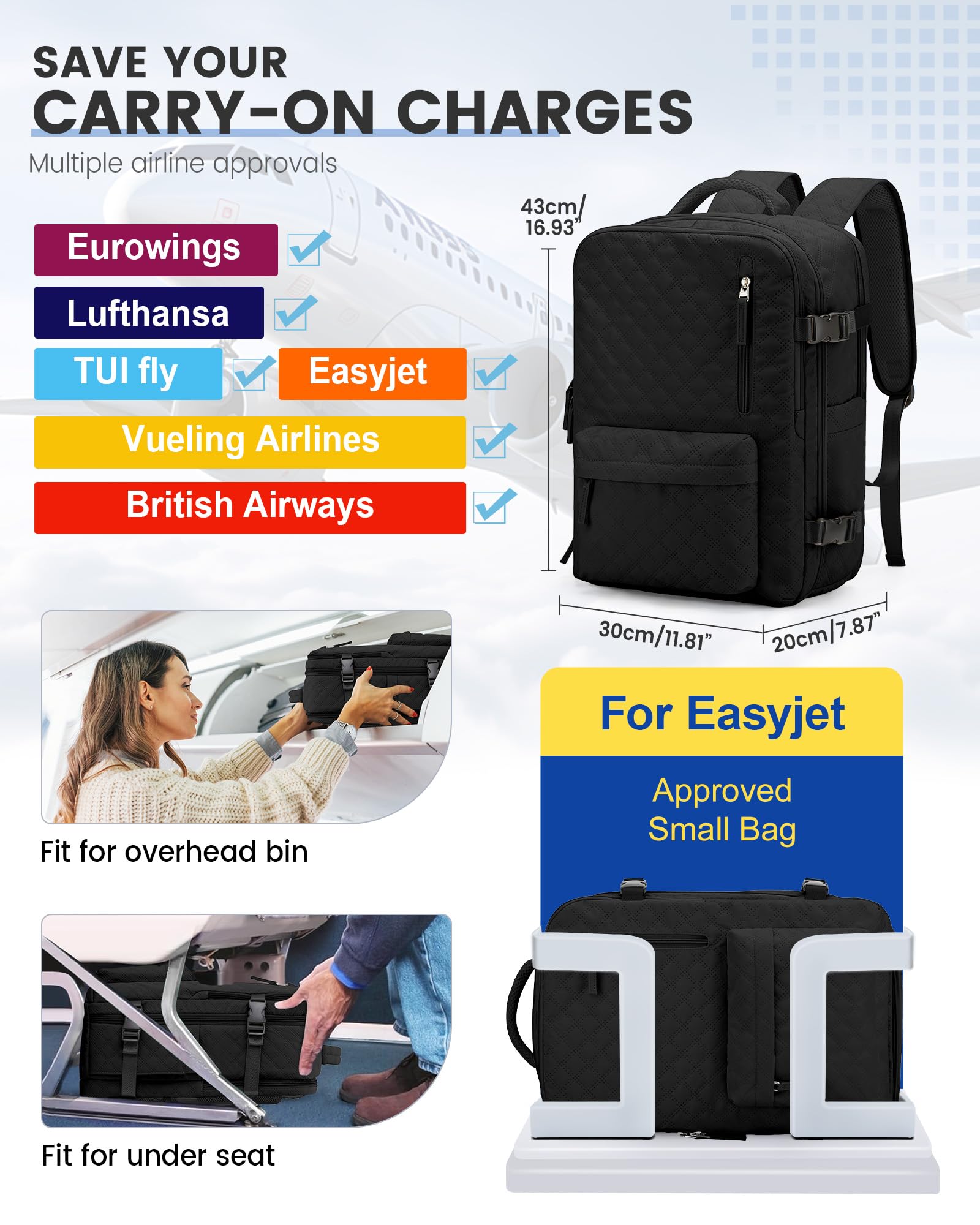 Borsa da Cabina per Ryanair 40x30x20 Zaino Sottovuoto da Viaggio con Pompa 40x20x25 Aereo Bagaglio a Mano Impermeabile Lavoro e Scuola Trekking Casual Daypack per 14" laptop,J1-Nero