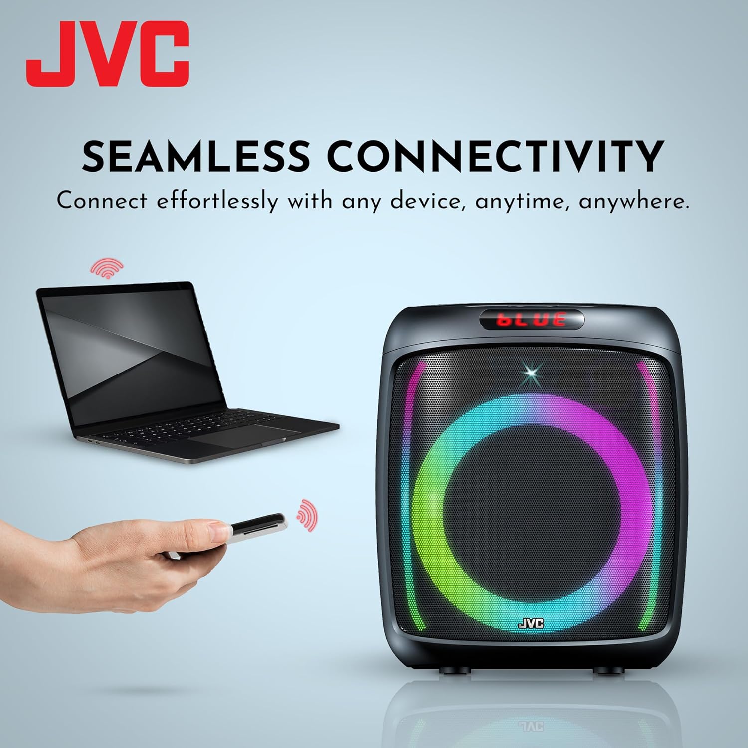 JVC XS-N3123PB speaker showing various connectivity options: Bluetooth, USB, FM Radio, SD Card, Aux In.
