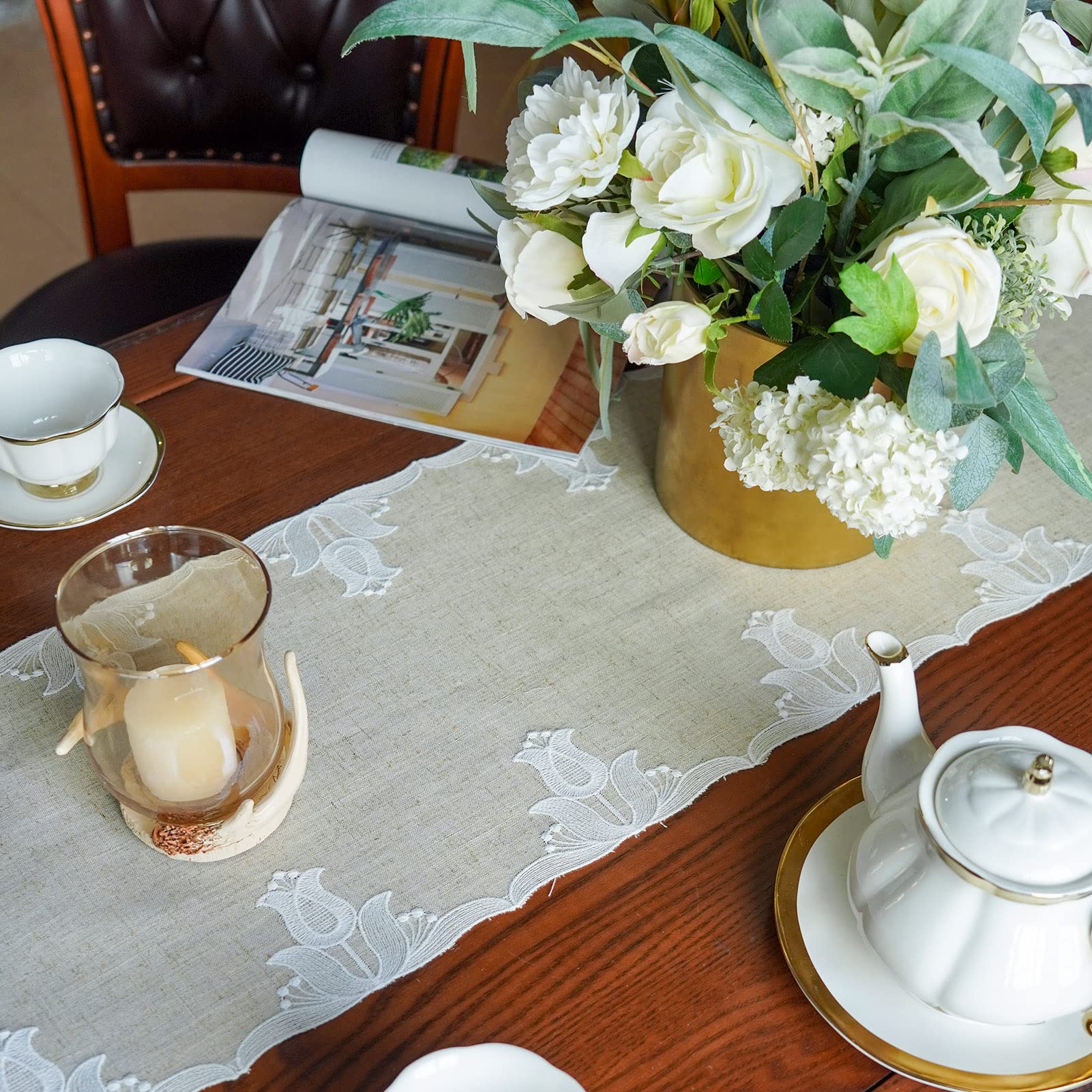 Amazon.com: ARTABLE Lace Table Runner Macrame Vintage Flower Dresser Scarf  with Exquisite Embroidery Table Runners for Kitchen Home Wedding Party  Dining Decoration (Linen, 12 x 120 Inch) : Home & Kitchen