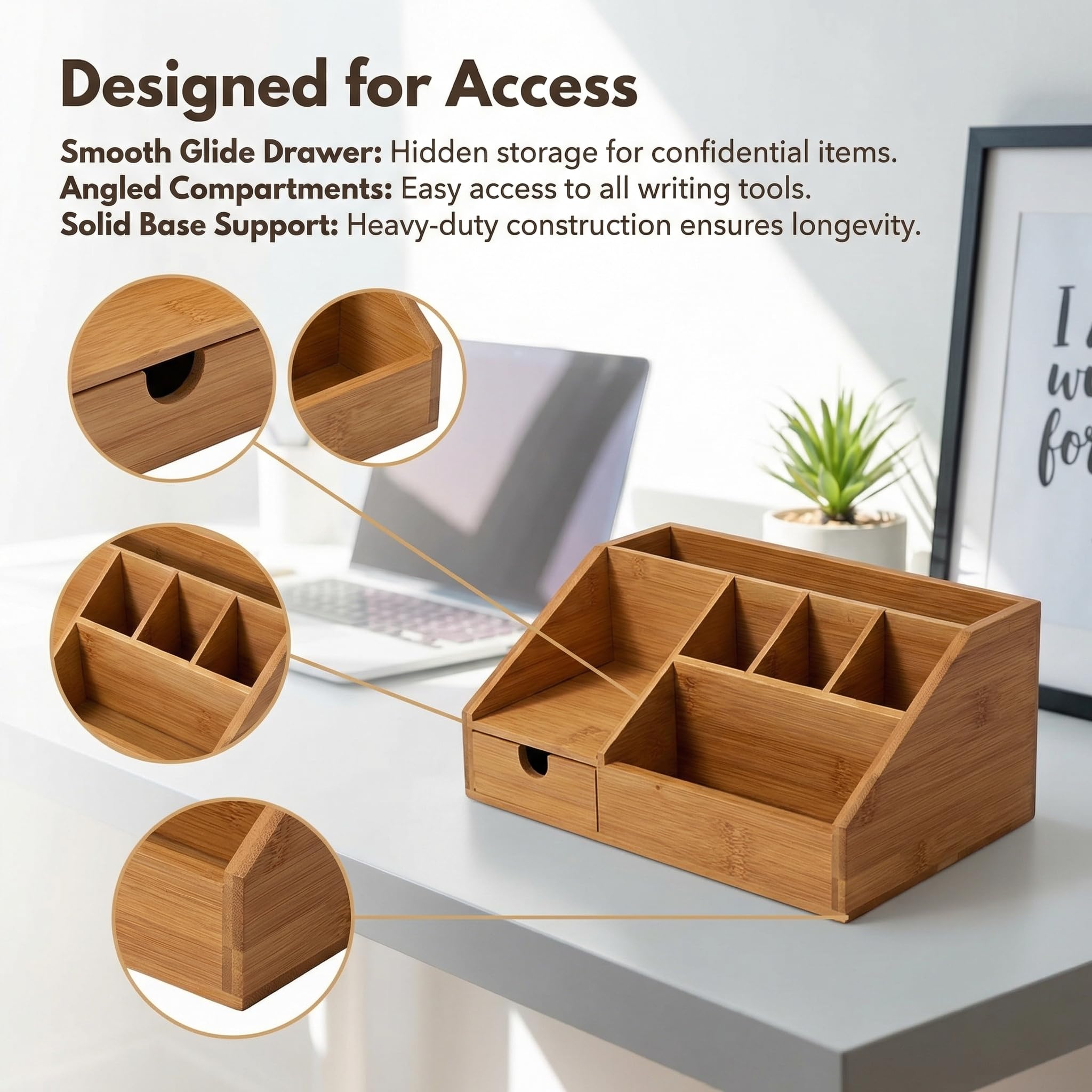 Holz Schreibtisch Organizer 24.5x15x11cm Büro Organizer mit 7 Fächer und Schublade Aufbewahrungsbox Fernbedienung Halterung Stiftehalter Schreibtischablage Tischorganizer für Büro und Zuhause