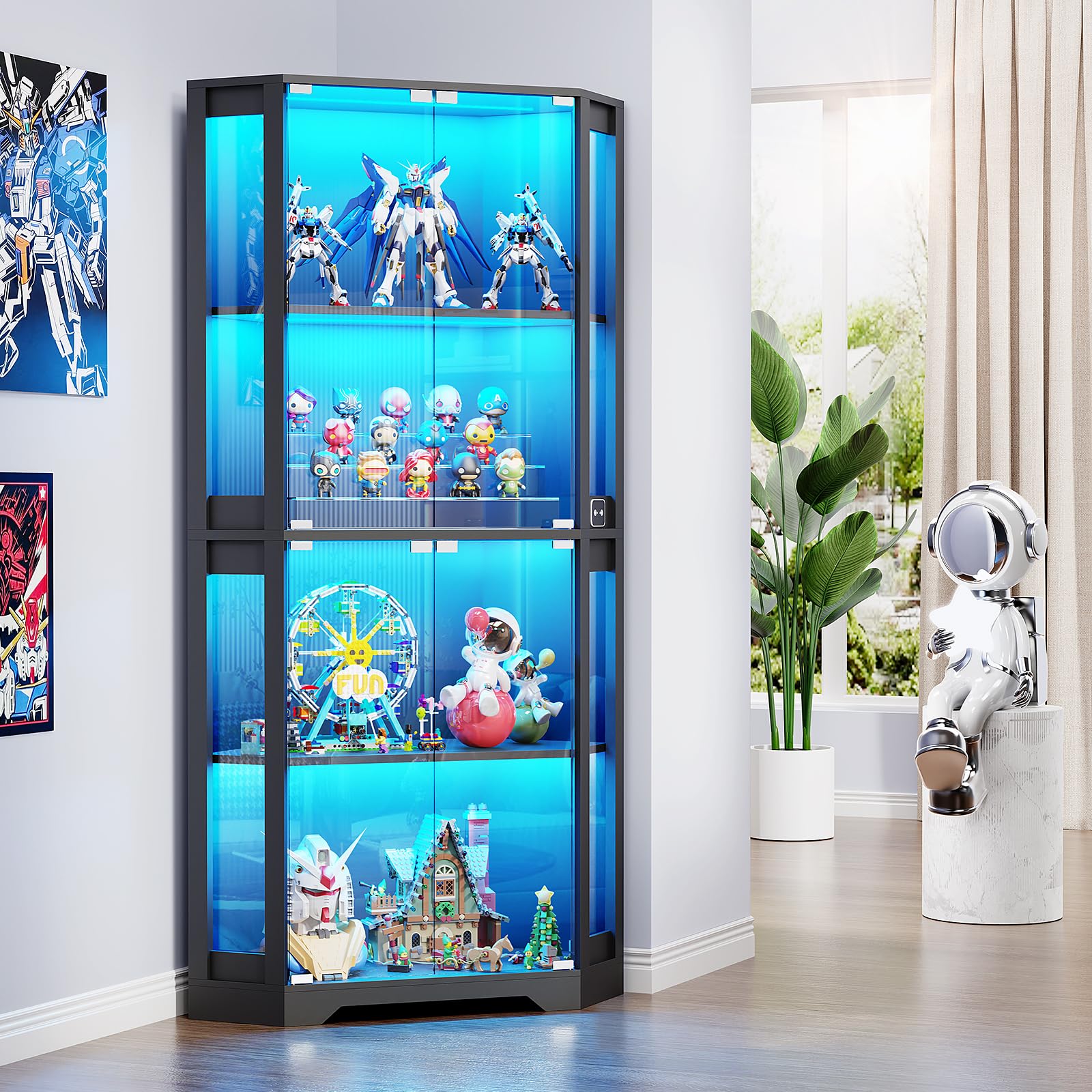 BROTTAR 4 Shelf Corner Display Cabinets with Glass Doors, 65" Tall Bookcase with Lights/Human Sensor, Display Case with Magnetic Lock for Storage for Living Room Office Bedroom, Black โ image 1