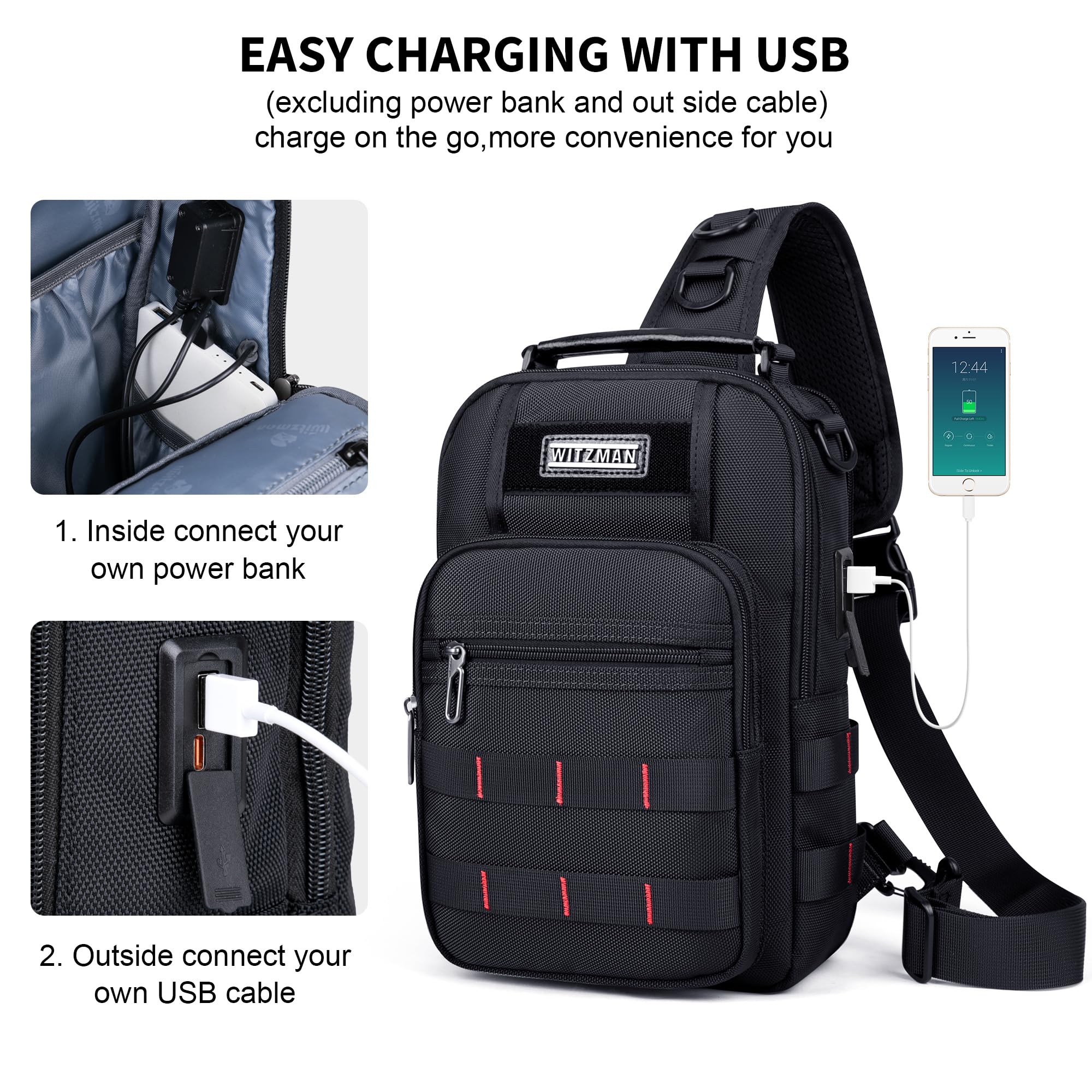 WITZMAN Umhängetasche für Herren 9L Große Sling Bag mit USB-Ladeport
