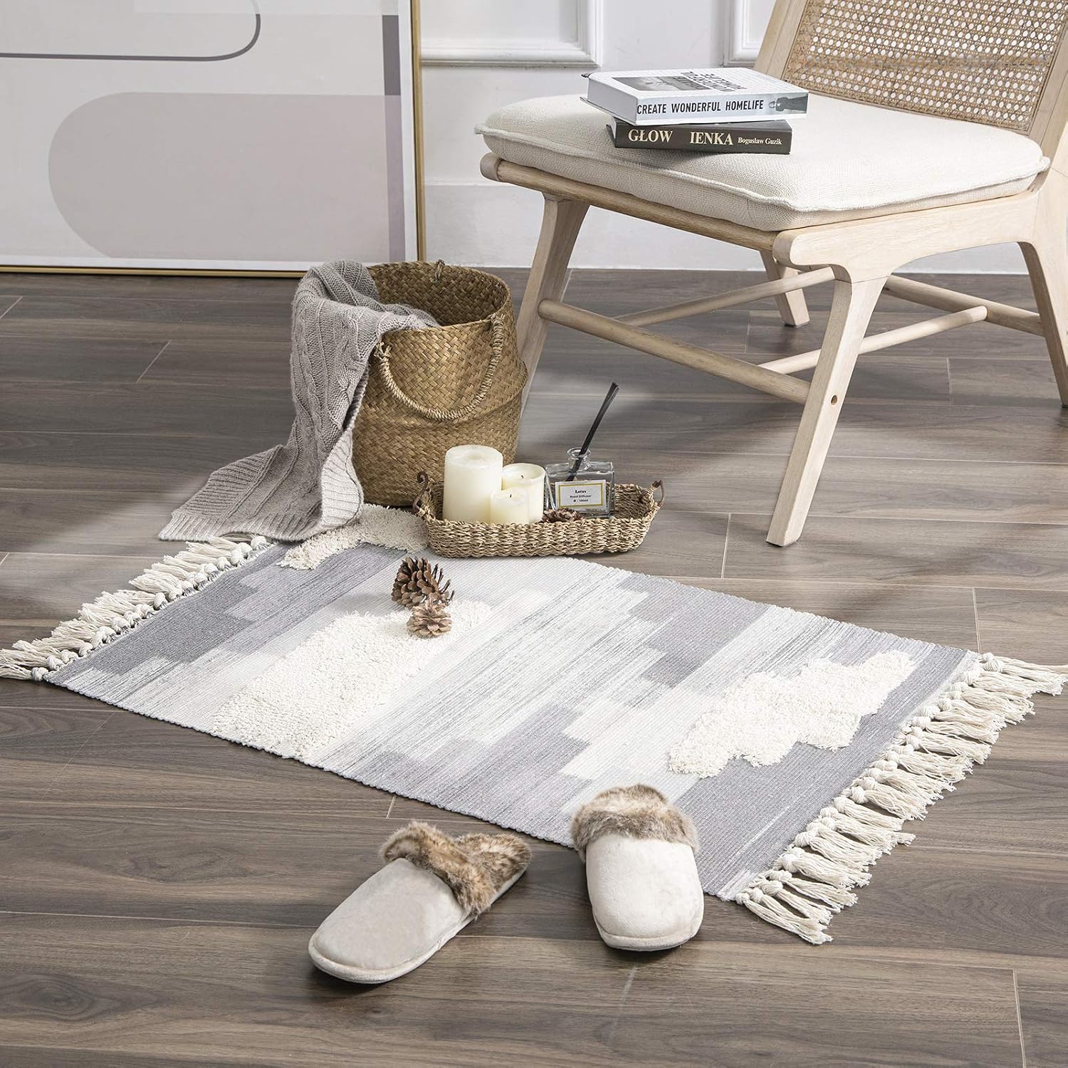 Ashler Cotton Area Rug Boho Rugs Woven Tassel Indoor Outdoor Carpet Shaggy Tufted Machine Washable Floor Mat Farmhouse Rug for Living Room Bedroom Kitchen Decor, Grey 2 x 3 Feet