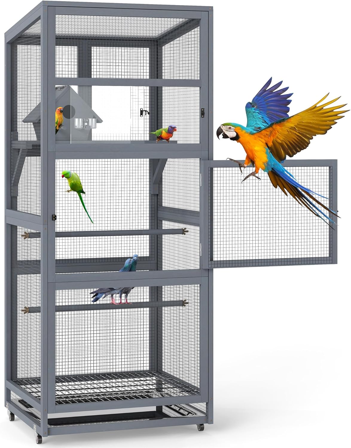 Coziwow 68" H Large Wood Bird Cage on Wheels, Outdoor Bird Aviary Indoor Wooden Large Bird Cage Parakeet Cage with Pull Out Tray and Feeder,Ideal for Small Birds,Finches,Parrots, Gray