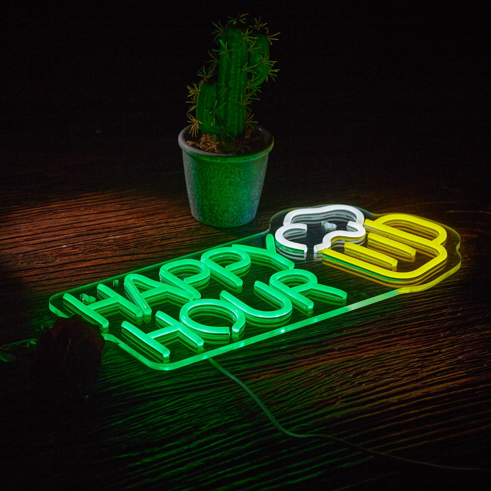 Roouneon Panneau néon LED Happy Hour à intensité variable pour bar, club, chambre à coucher, bureau, hôtel, pub, café, mariage, fête d'anniversaire, décoration murale (43,2 x 20,3 cm)