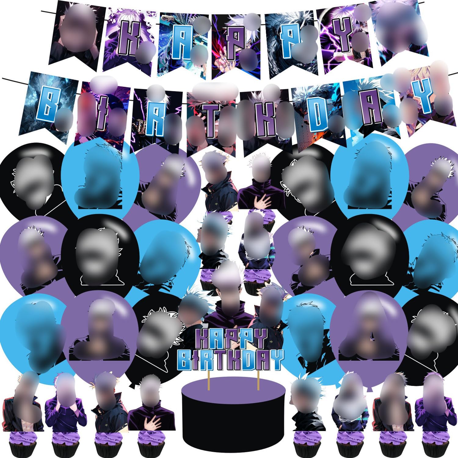 Anime Theme Birthday Banner, Cake Topper, Latex Balloons, Purple