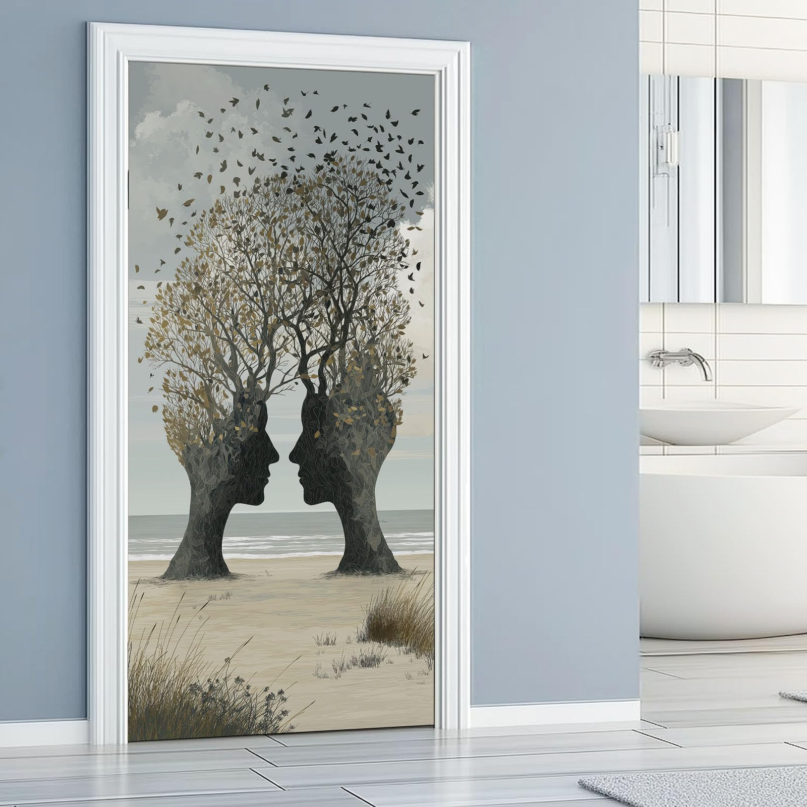Papel pintado autoadhesivo para puerta abstracto árbol 3D póster para puerta adhesivo para puerta, silueta de gente playa impermeable vinilo lámina para puerta, gris extraíble, póster fotográfico
