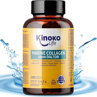 Colágeno Marino con Ácido Hialurónico Cápsulas, Colágeno con Magnesio, Colágeno Marino Hidrolizado con Vitamina C, 180 Cápsulas con CoQ10, Cúrcuma y P