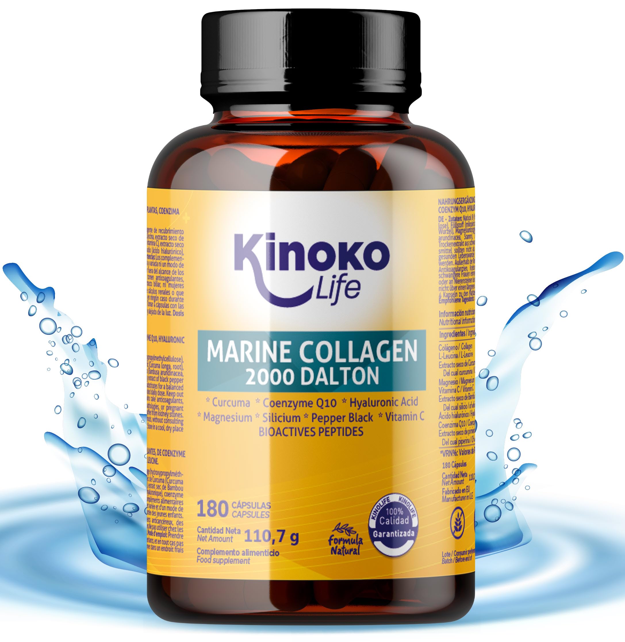 ColÁGeno Marino Hidrolizado 2000 Dalton 180 CáPsulas – ColáGeno Con Magnesio, ÁCido HialuróNico, Vitamina C, Coq10, CúRcuma Y Pimienta Negra – Suplemento Para Articulaciones, Piel, Cabello Y UñAs-image