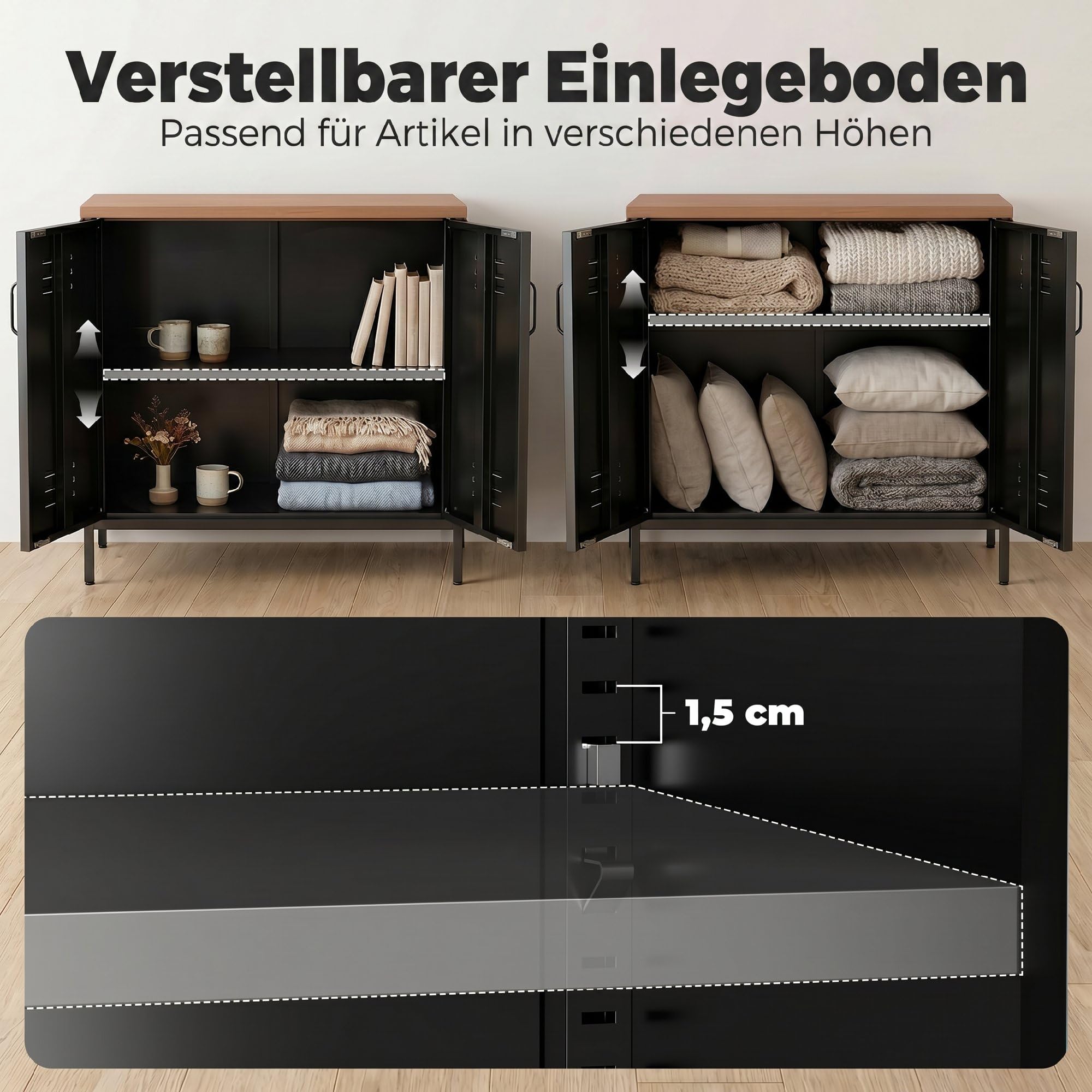 HOMCOM Sideboard aus Metall mit 2 Türen, Stahlbeinen, 80x40x80 cm, Schwarz | Industrieller Aktenschrank, Verstellbarem Regal, Beistellschrank, für Wohnzimmer, Küche, Esszimmer, Büro