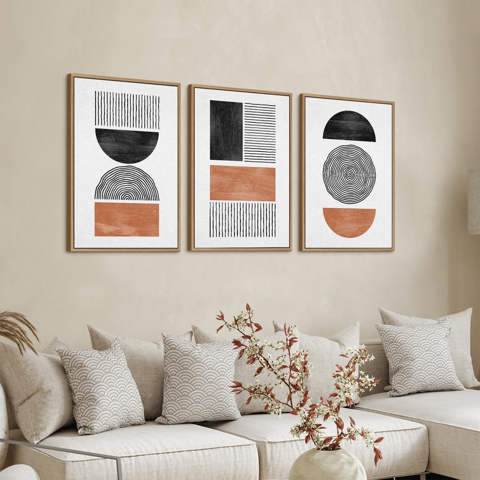 Framed Wall Art Canvas Set Mid Century Boho Pictures Modern Geometric Wall Decor Minimalist Black Brown Bohemian Abstract Painting Artwork for Living Room Bedroom Office 16"x24"x3 Natural