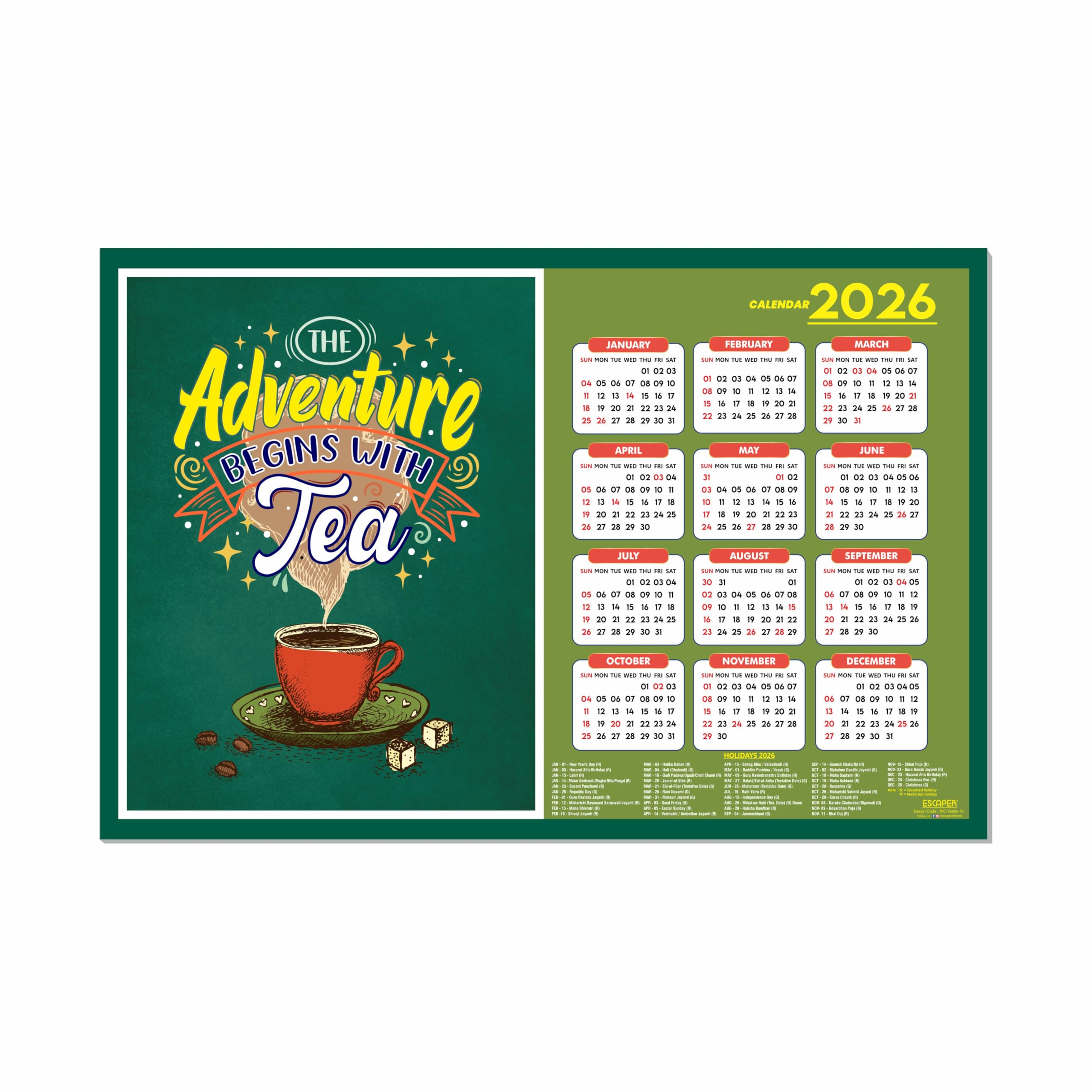 ESCAPER Tea Lovers - Calendario de pared 2026 – 12 x 18 pulgadas, papel laminado de 300 g/m², calendario autoadhesivo de una sola página para decoración de oficina, hogar y cafetería, regalo perfecto