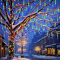 Vista 8 de Luces de Navidad al aire libre de lluvia de meteoritos de 12 pulgadas, 8 tubos, 192 luces LED de carámbano de nieve en cascada para árbol de Blanco