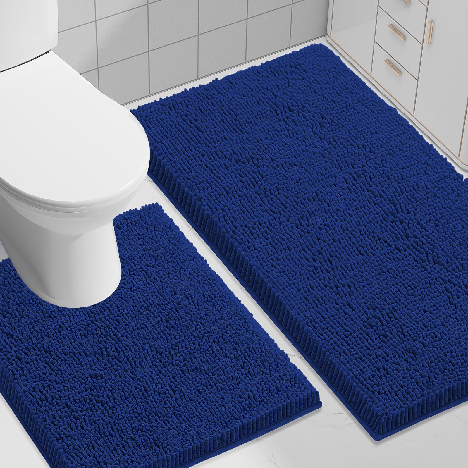 Smiry Bathroom Rugs Set 2 Piece, Soft Absorbent Chenille Bath Mat and U-Shaped Toilet Rug Set, Non Slip Shaggy Bath Carpet for Tub, Shower and Floor (