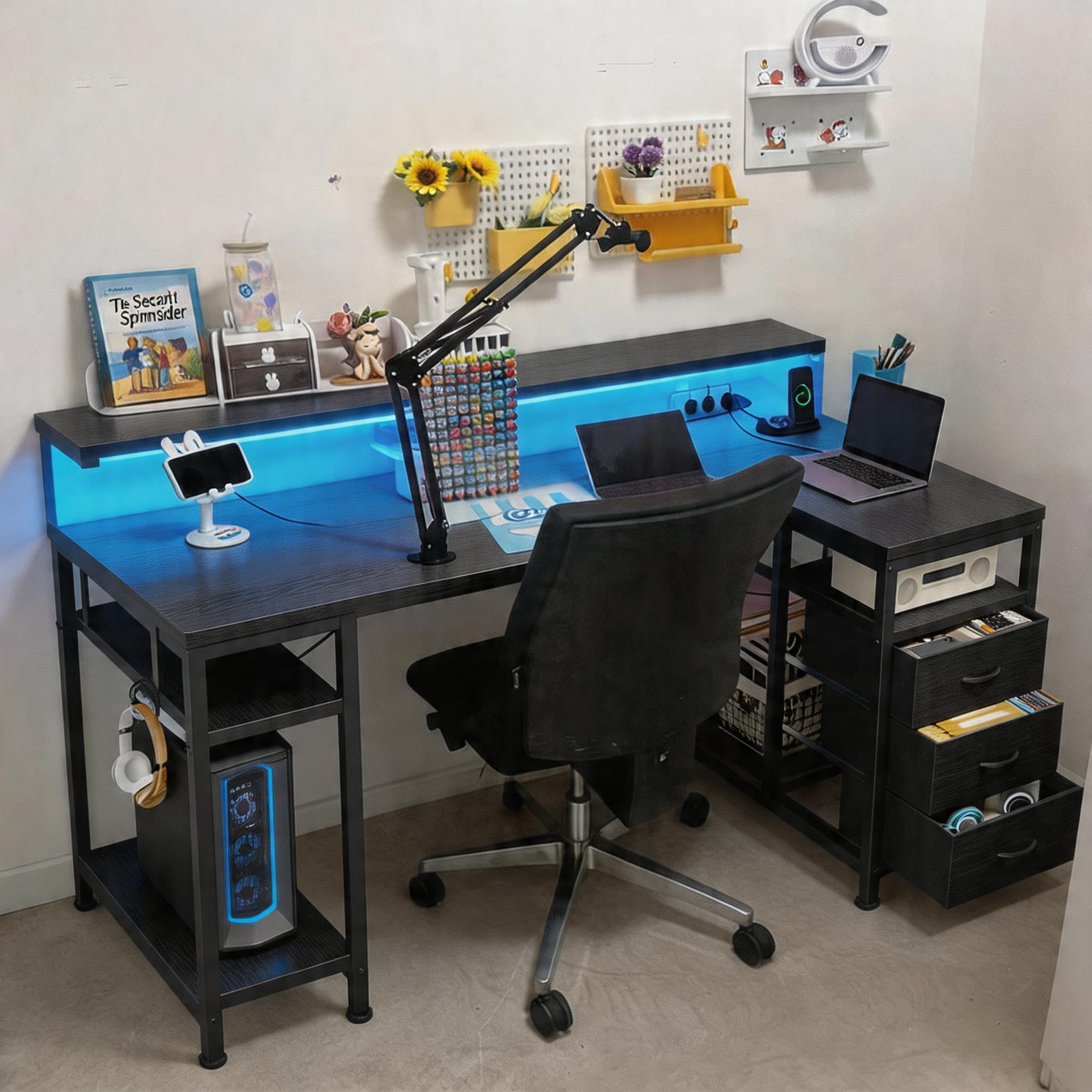 140x80 cm Forma de L Escritorio con 3 Cajones, LED, Soporte para Monitor, 2 Enchufes y 2 Puertos USB, Reversible Mesa Gaming con Gancho para Trabajo,Juegos,Estudiar,Homeoficina, Estudio, Negro