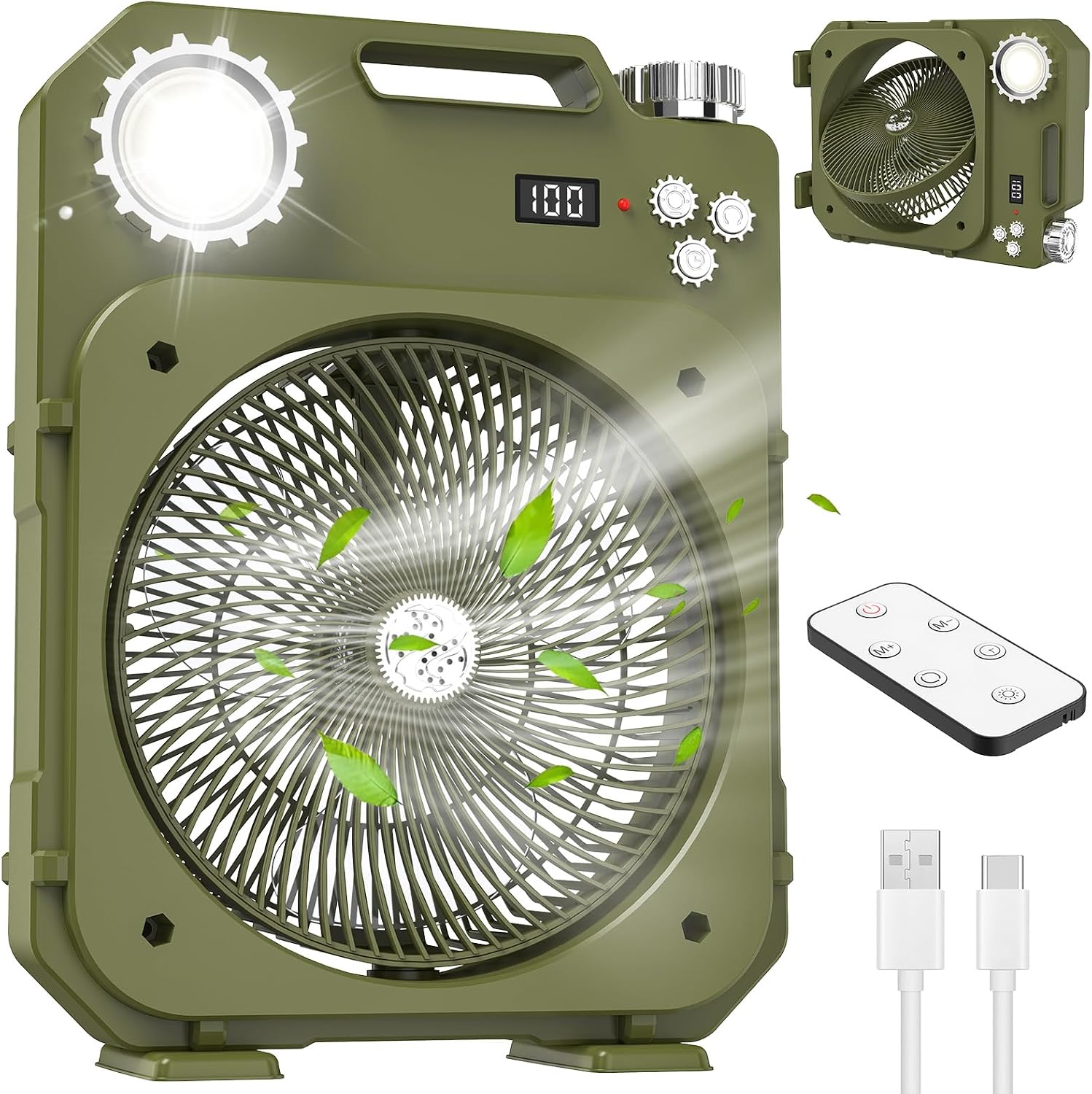 Ventilatore da Campeggio con Luce LED, Ventilatore da tavolo portatile Senza Fili, 100 Velocità, Oscillazione Automatica, 12H Timer/Telecomando, per Casa, Tenda, Viaggio