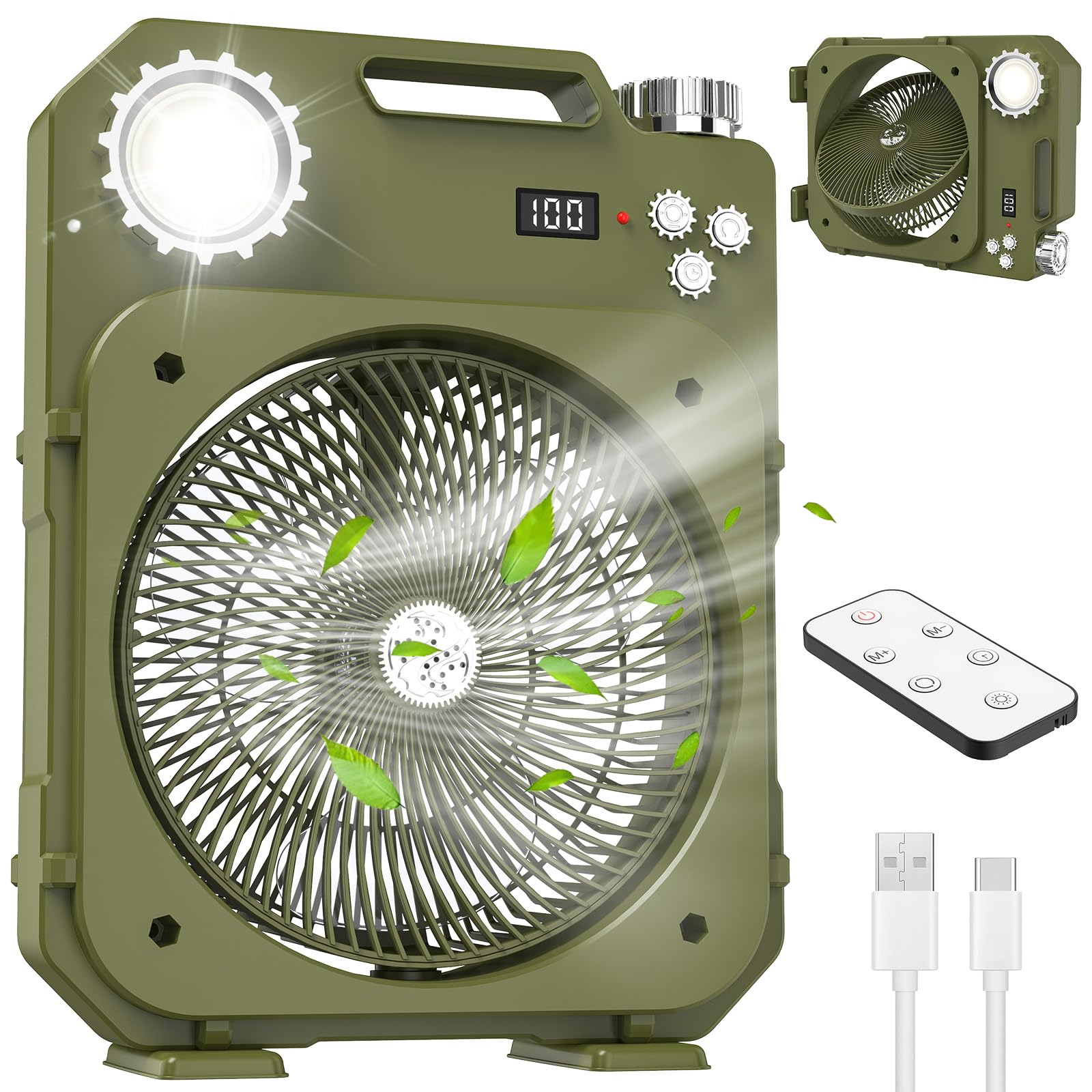 Ventilatore da Campeggio con Luce LED, Ventilatore da tavolo portatile Senza Fili, 100 Velocità, Oscillazione Automatica, 12H Timer/Telecomando, per Casa, Tenda, Viaggio