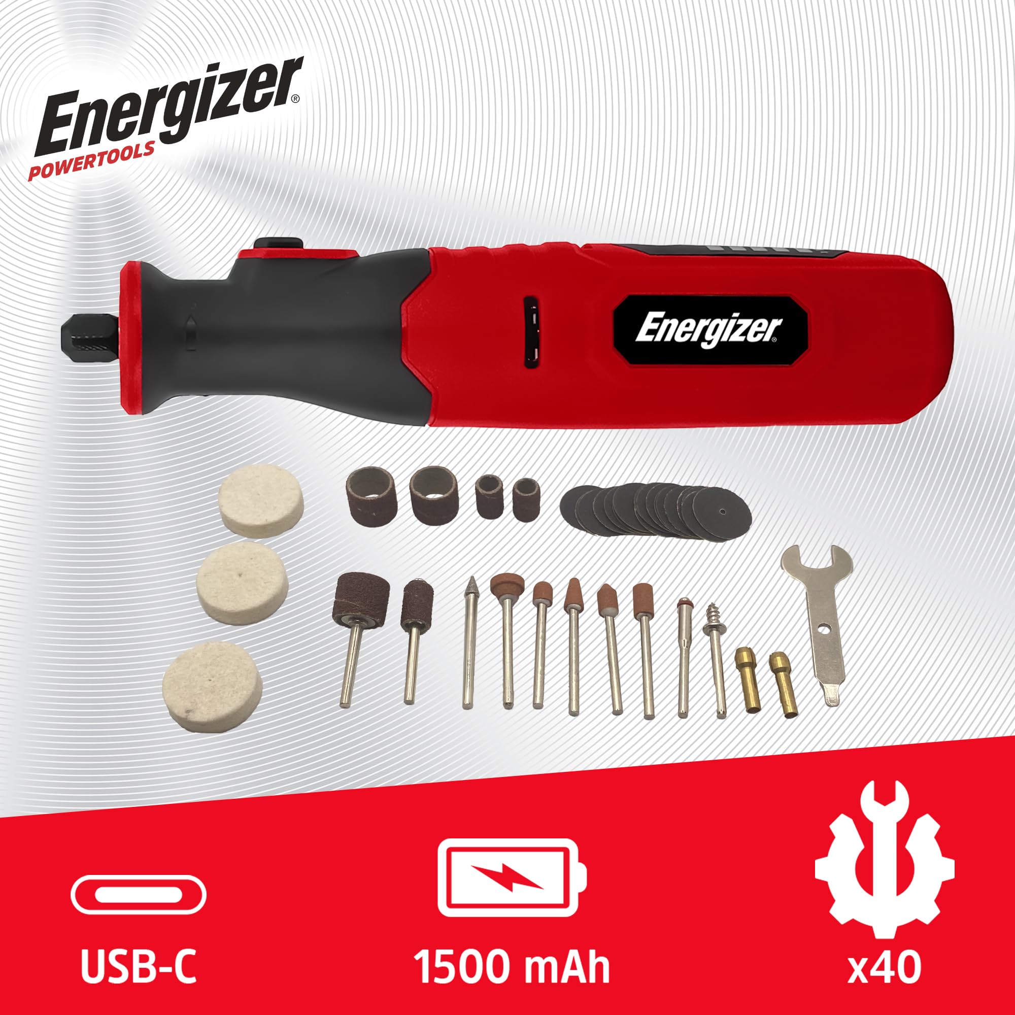 Energizer – Smerigliatrice di precisione senza fili – Batteria 1500mAh USB-C – 5 velocità (5000-25000 RPM) – 40 Accessori – Incisione, Levigatura, Taglio e Lucidatura – Strumento Multifunzionale