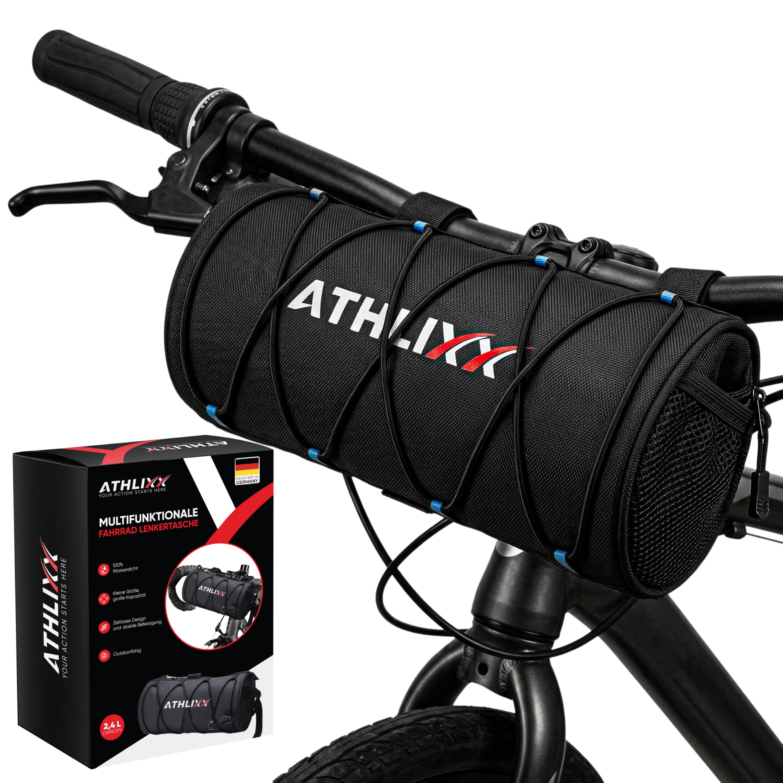 Fahrradtasche 2,4L – wasserdichte Lenkertasche/Rahmentasche – 240×100 mm – 3 Straps, Handstrap & Schultergurt – für Rennrad, MTB, Gravel, E-Bike – Schwarz