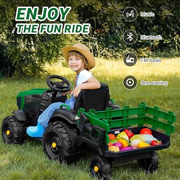 ELEMARA 24V 9AH Ride on Tractor with Trailer, 400W Motors Electric Cars for Kids, All-Terrain Capability, Safety Design with 3-Point Seat Belt for Ages 3+, Green