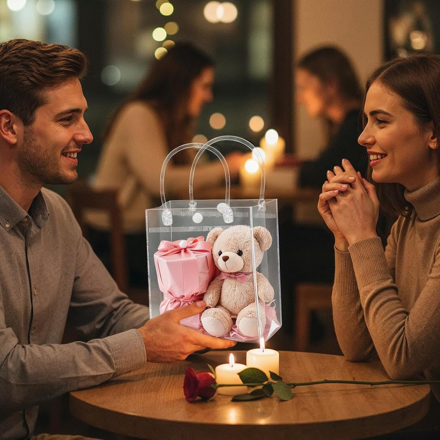 Kifmurase 50Pcs Clear Plastic Gift Bags with Handles, PVC Reusable Party Favor Bag, Transparent Gift Wrap Bags for Wedding, Birthday Party (6.3 x 5.9 x 2.8 Inches) - Image 6