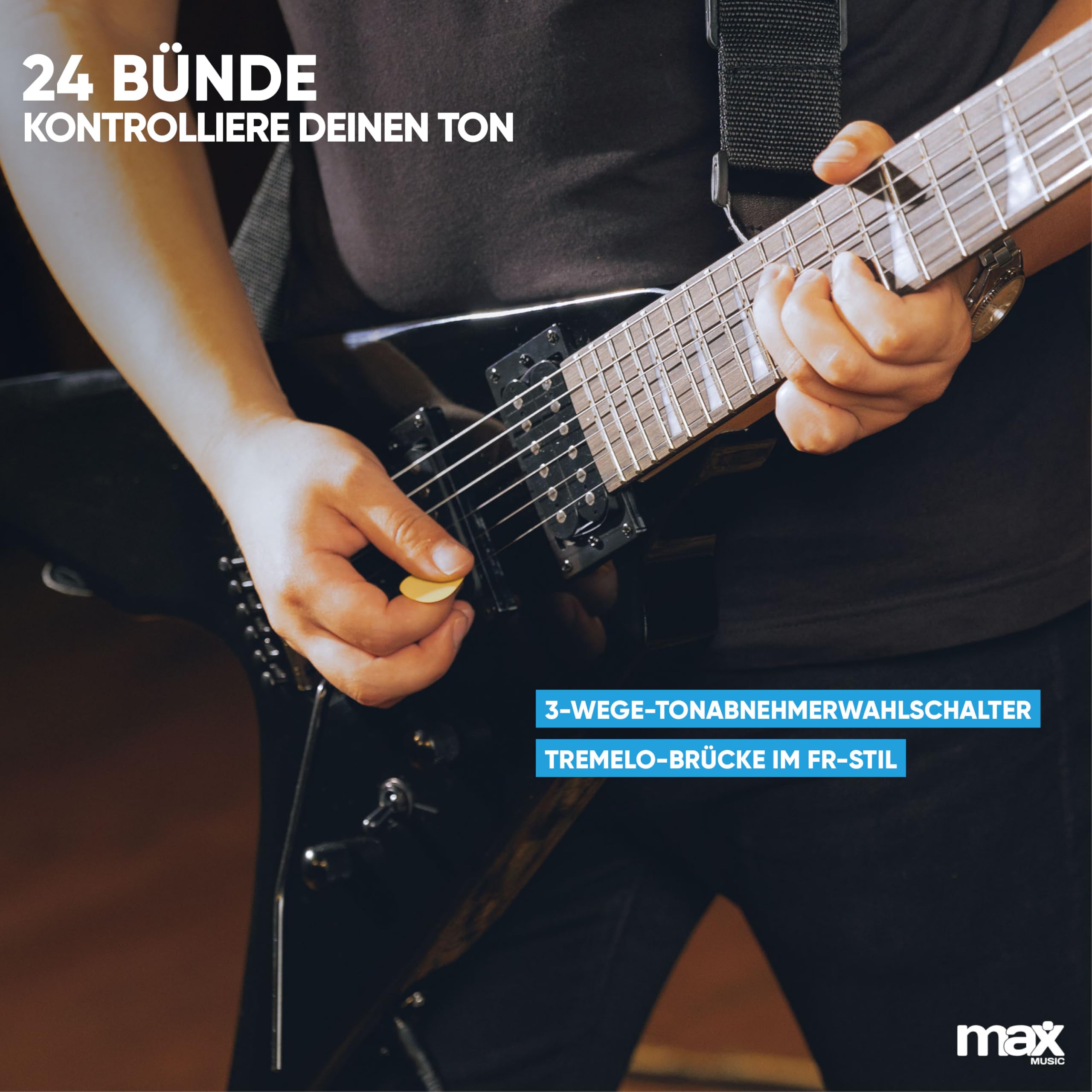 Max GigKit Rock Style E-Gitarre, E Gitarren Set mit Gitarrenverstärker, Tasche, Plektrum, Stimmgerät Gitarre, Instrumentenkabel, Ersatzsaiten, Gitarrengurt, 24 Bünde - Schwarz
