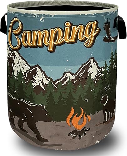 Cesta de lavandería retro con asas de oso de montaña, plegable, con asas, bolsa de tela Oxford, divertida cesta de lavandería, cubo de