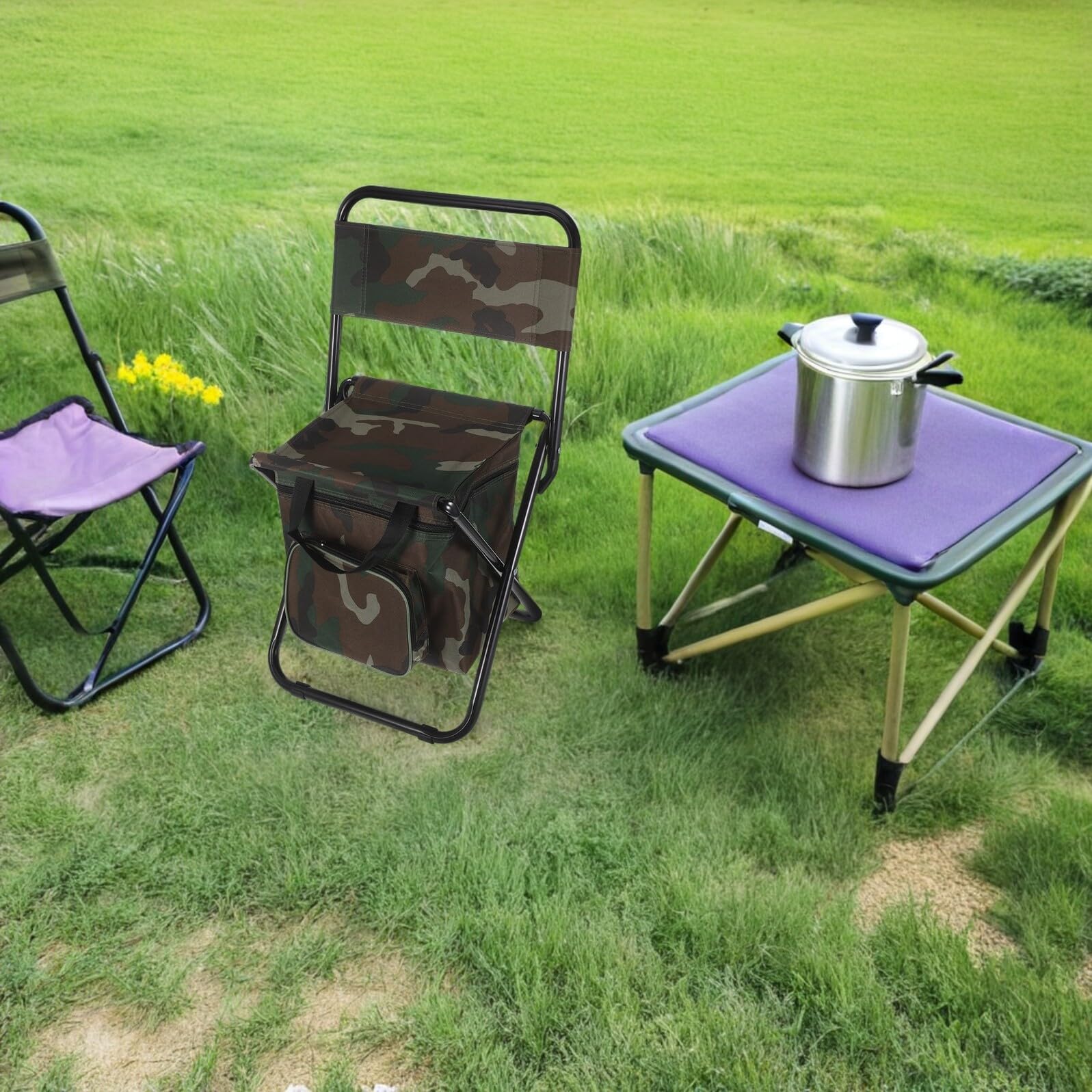 ABOOFAN Sgabello Pieghevole da Campeggio con Schienale Ergonomico e Borsa Termica Integrata Sedia Portatile Compatta per Pesca Escursionismo e Outdoor Sedile Traspirante e Facile da