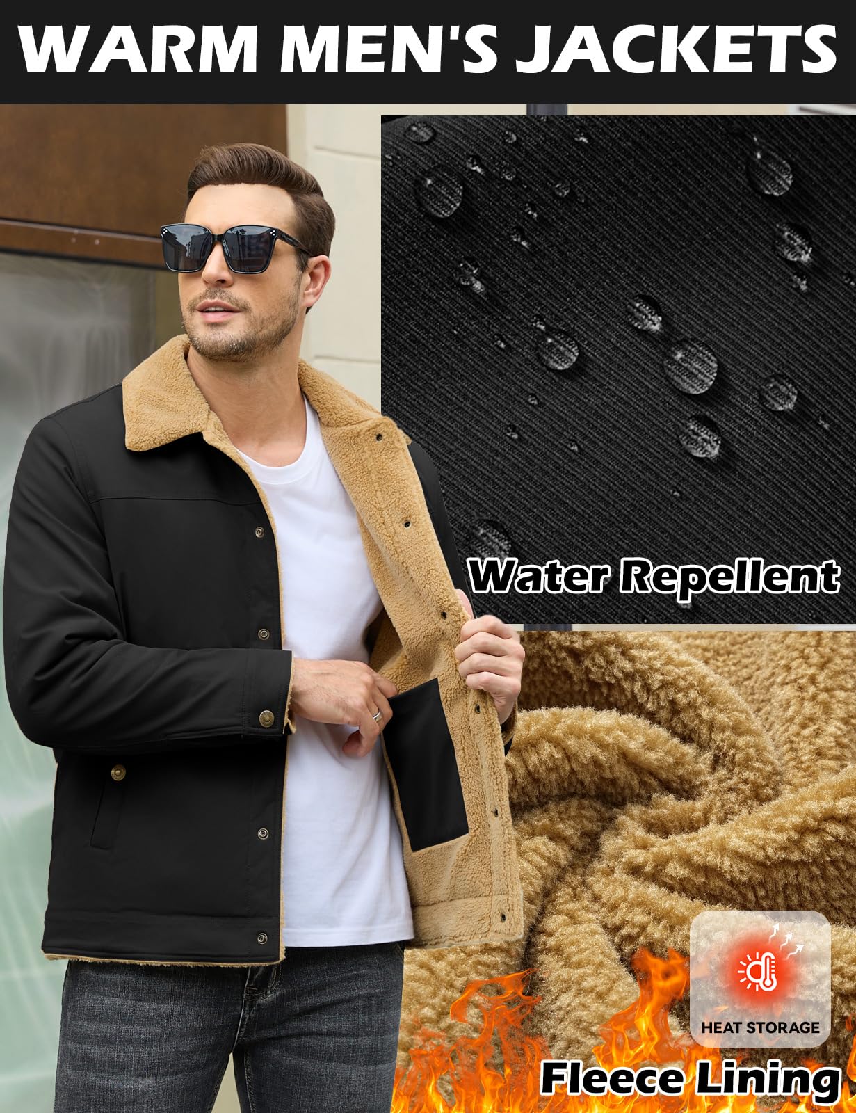 heekpek Blouson Homme Hiver, Veste Chaude Déperlante Doublée en Sherpa