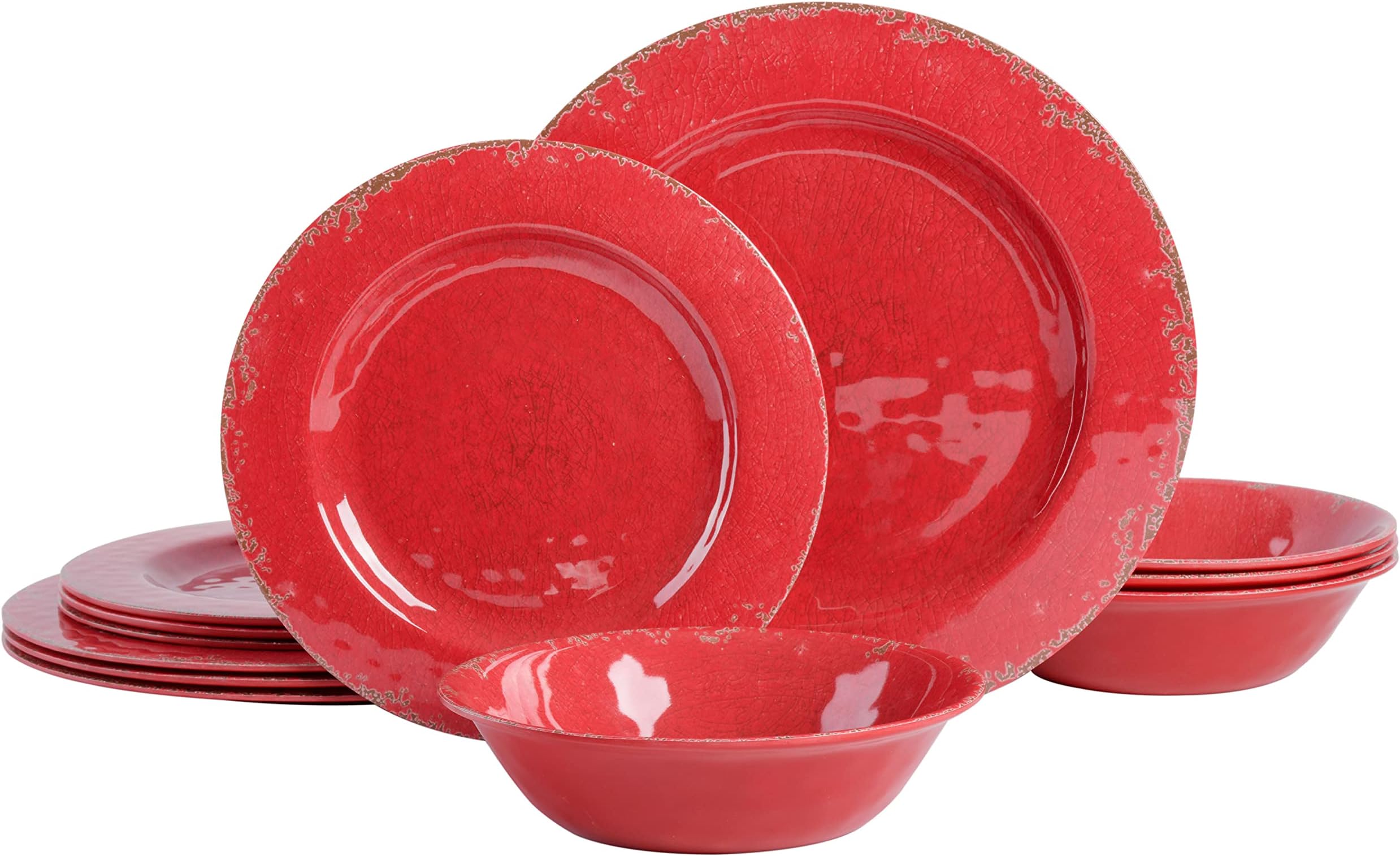 Laurie Gates by Gibson Mauna Melamine Dinnerware Set, Service for 4 (12pcs), Red Rustic