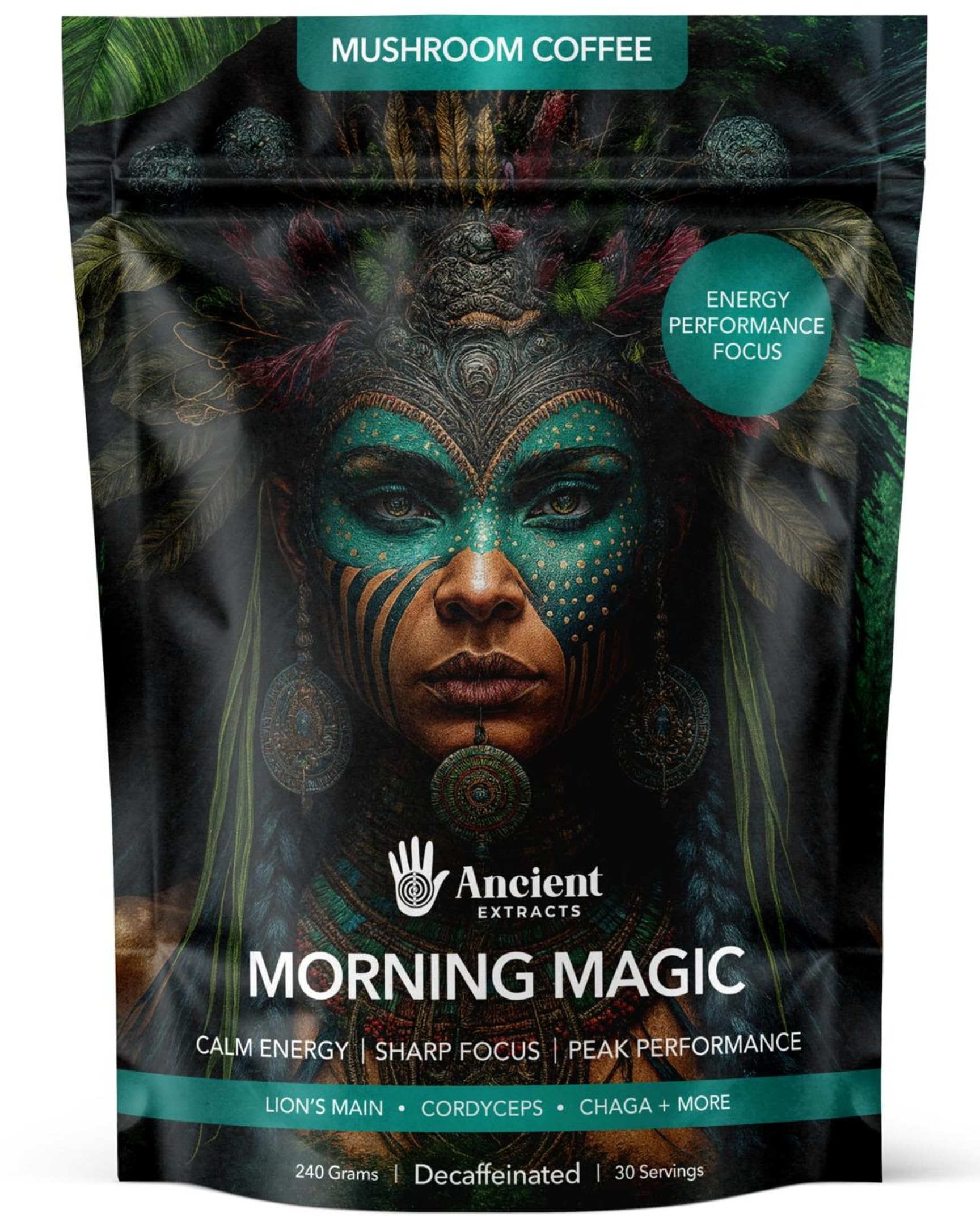 Ancient Extracts Morning Magic Mushroom Coffee (240g) | Decaf Arabica with Lions Mane, Cordyceps, Ashwagandha & Maca Root | 15:1 Extract Blend, 30% Beta Glucans | 100% Natural Coffee Alternative