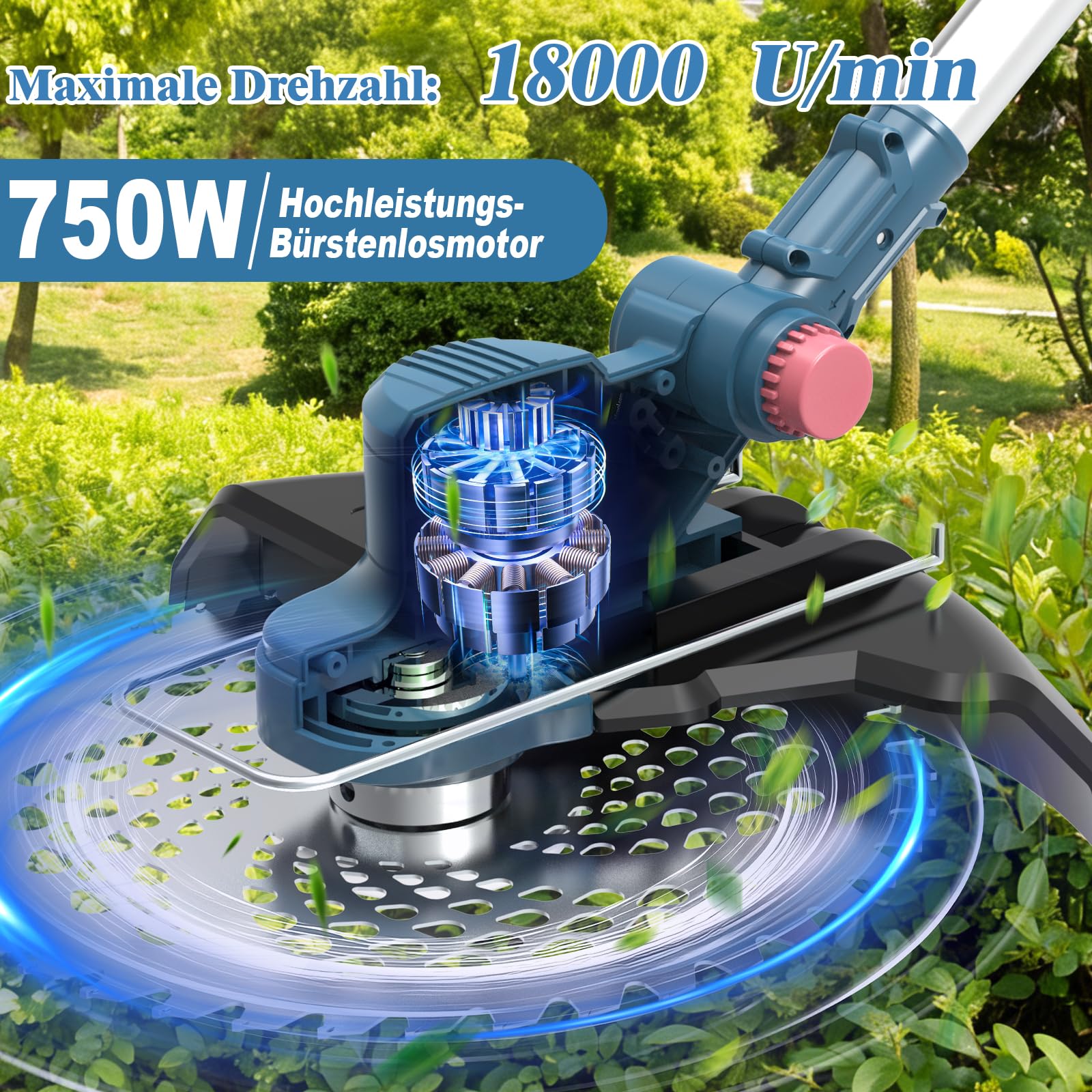 Desbrozadora Bateria 21V, Desbrozadora Electrica con 2 x 4.0Ah Baterías, Cortacesped Electrico 5 En 1 Cortabordes Bateria con Cepillo de Malas Hierbas, Motor sin Escobillas, Pantalla LED, Azul - 2
