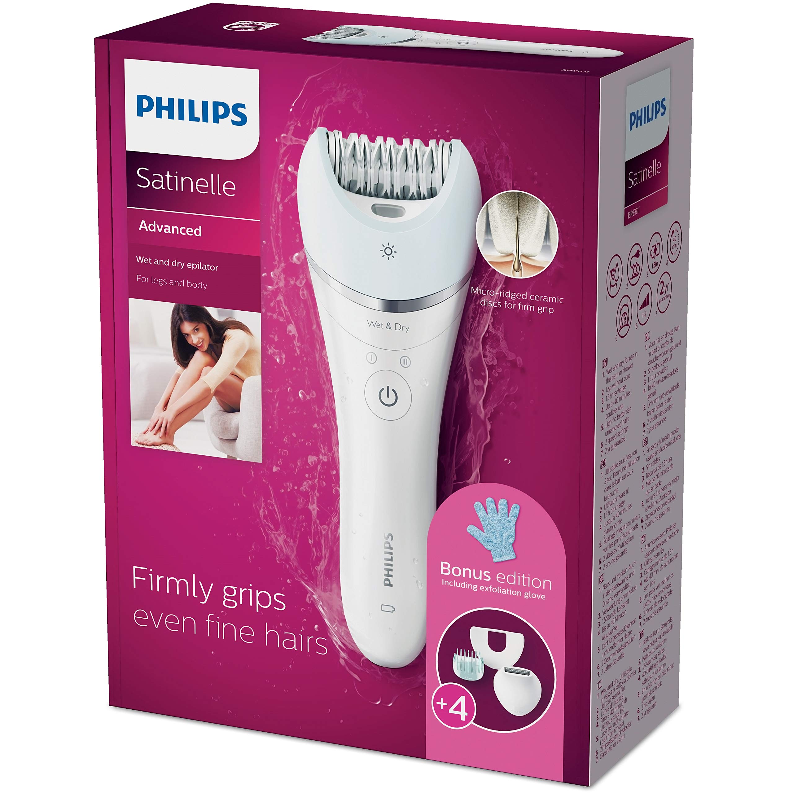 Philips BRE611/00 Satinelle Advanced Epilatore Elettrico, Utilizzo Wet And Dry, 4 Accessori