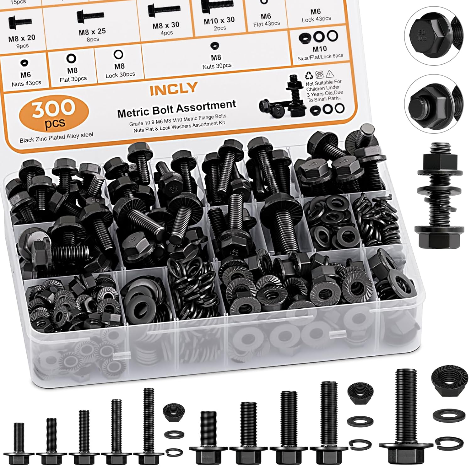 INCLY 300PCS Black Metric Flange Bolt Assortment, M6x1.0, M8x1.25, M10x1.5 Bolt (12mm to 30mm) Assorted Hex Bolts and Nuts Washers Kit for Automotive, Home Improvement, Grade 10.9 Black Zinc Plated