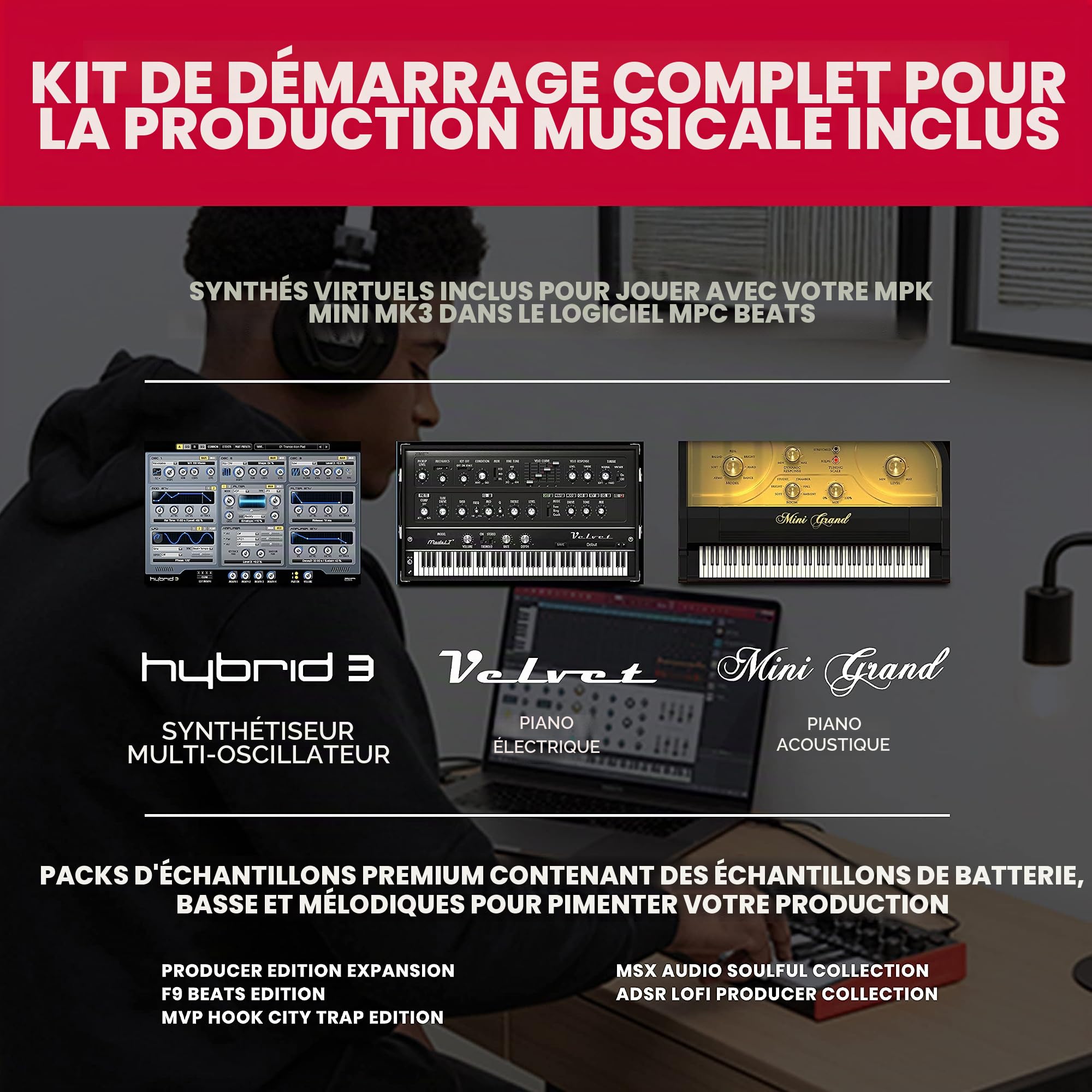 AKAI Professional MPK Mini MK3 et SP-2 - Clavier MIDI USB 25 Touches Sensibles, Pads et Joystick et Pédale de Sustain de Type Piano
