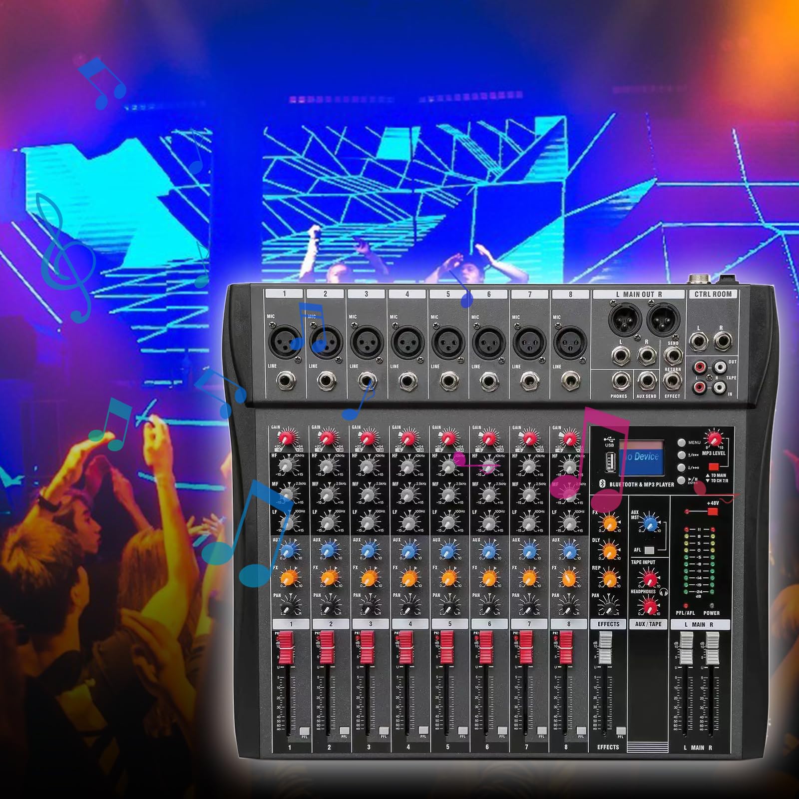 MICNAUX Audio Mixer 8 Channel Professional Mixer Console With 320 DSP Effects, 7-band EQ Sound Mixing Board Digital DJ Mixer W/USB Bluetooth MP3 For Recording, Independent 48V Power & Mute Button