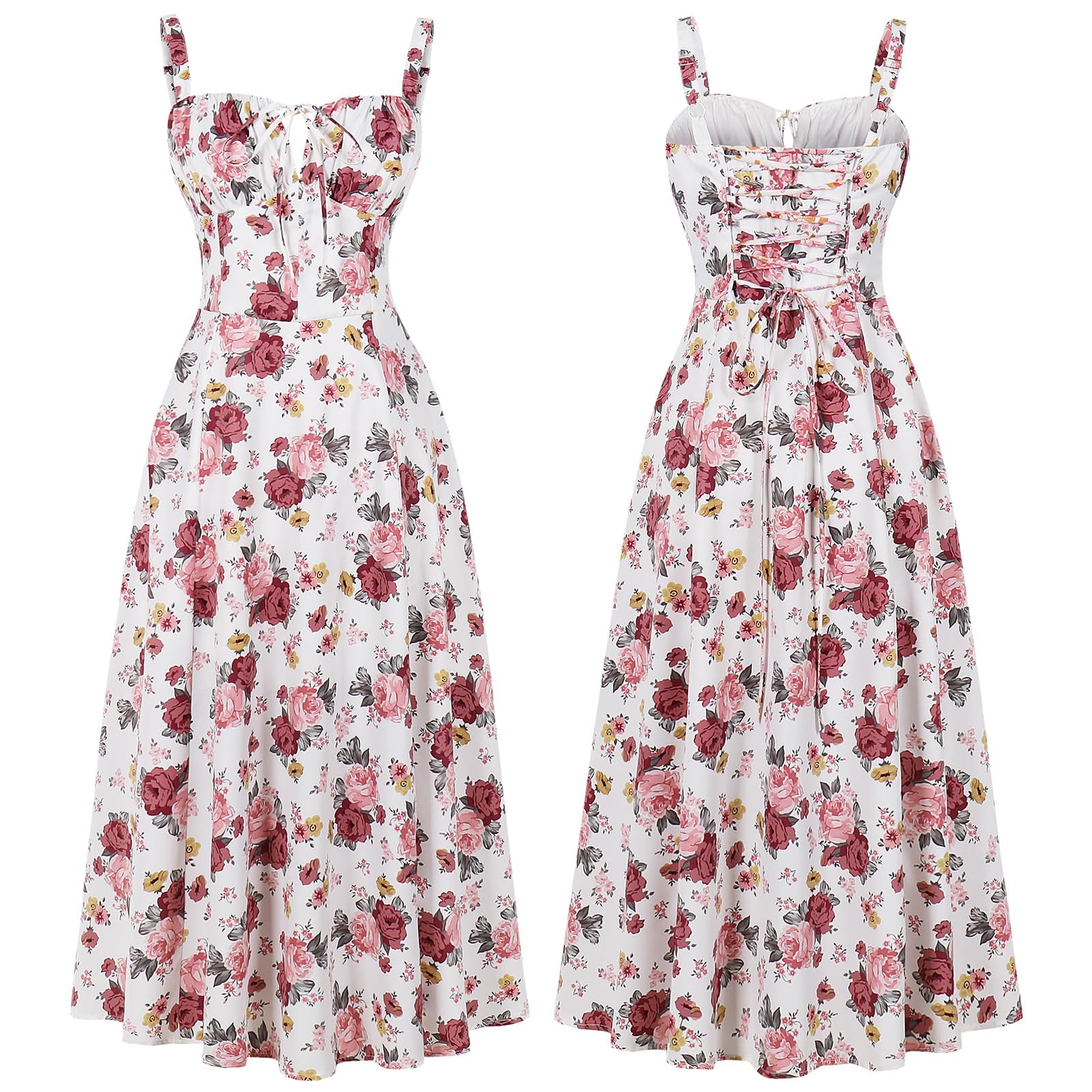 Women's Floral Corset Dress Formal Cocktail Dresses Going Out Casual Sundress Split Thigh Spaghetti Strap Vintage Dress: X-Large Big Rose