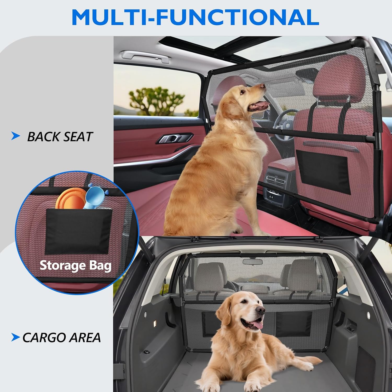 Dog Barrier for Truck, 56" Dog Car Barrier Behind Front Seat, Escape-Proof Back Seat Divider & Trunk Cargo Gate, Durable Heavy Duty Pet Gate Net for Truck, SUV & Large Vehicles