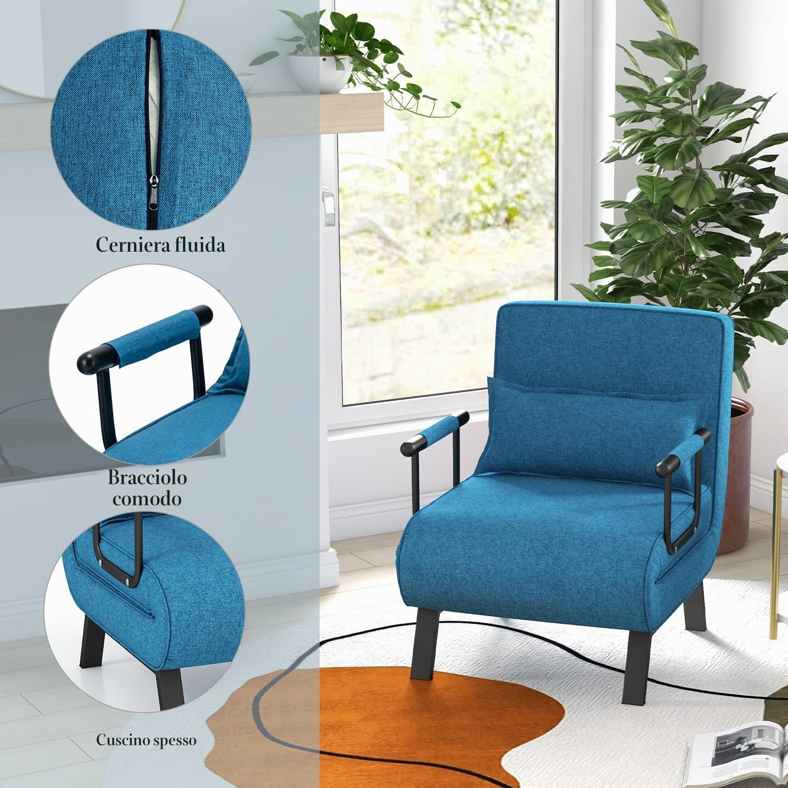 HOMASIS 4 in 1 Poltrona Letto, Divano Letto Pieghevole con Braccioli, Poltrona Salvaspazio con Schienale Regolabile con 6 Angolazioni e Cuscino Removibile, Portata 150 kg (Blu)