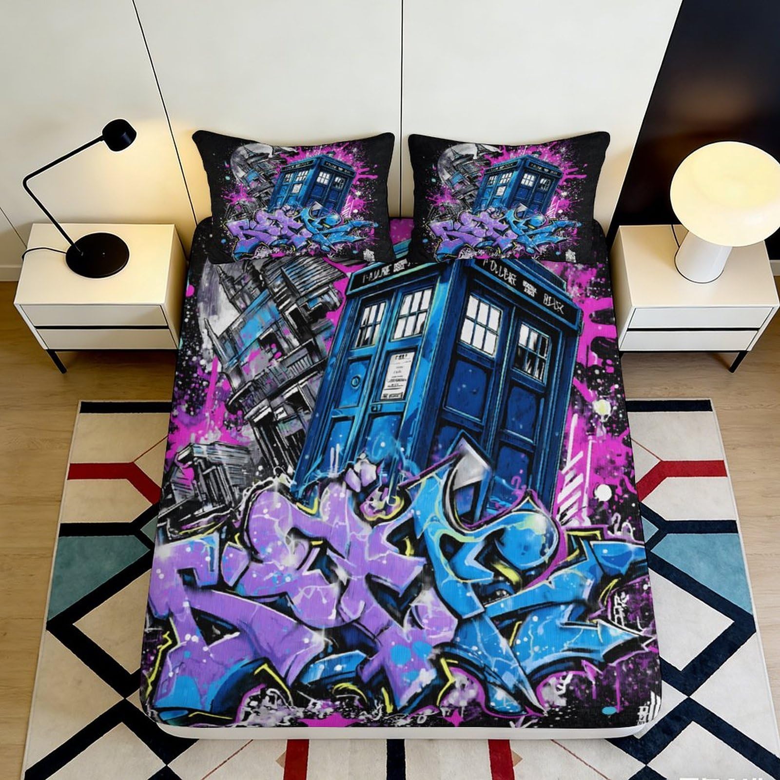3D Printed TARDIS Graffiti Fitted Sheet Microfiber Soft Breathable Space Police Box Bed Cover for Bedroom Dormitory Guest Room Mattress Protection 180x200x25cm