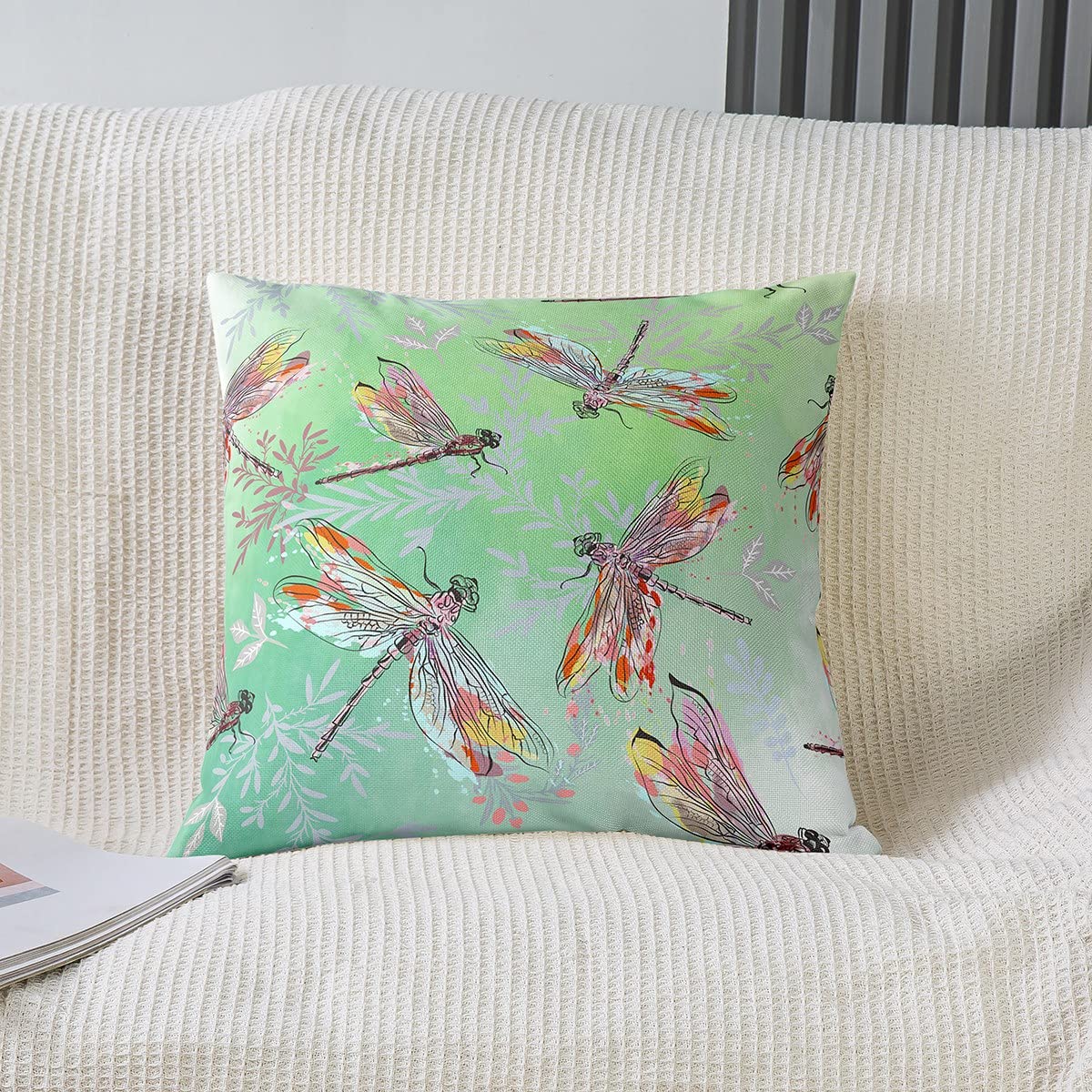Loussiesd Federa per cuscino con libellula regalo per bambini per donne, federe decorative morbide fiori floreali per federe per cuscini rosa verde 40 x 40 cm