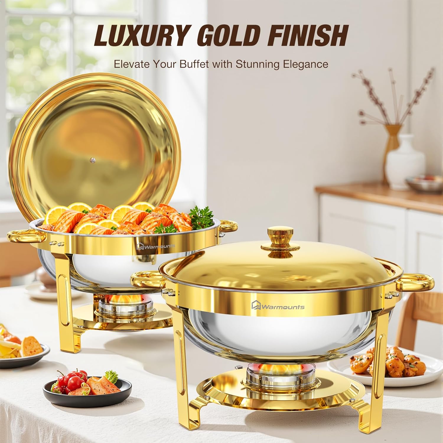 WARMOUNTS Gold Chafing Dishes for Buffet (5QT, 4 Pack), Stainless Steel Round Chafers and Buffet Warmers Sets with Lid Holder, Rolled Rim Process, Stackable Design, for Catering, Parties, Weddings - Image 3
