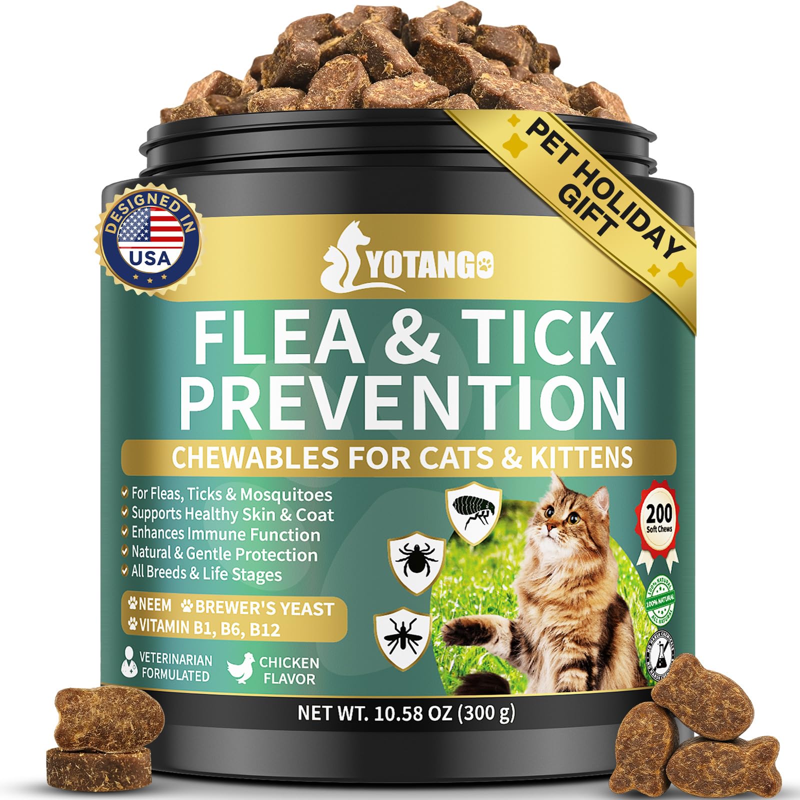 Natural Flea Treatment for Cats Chewables, 200 Soft Treats Flea and Tick Prevention for Cats, Oral Flea Supplement for Kitten Cat, Cat Flea and Tick