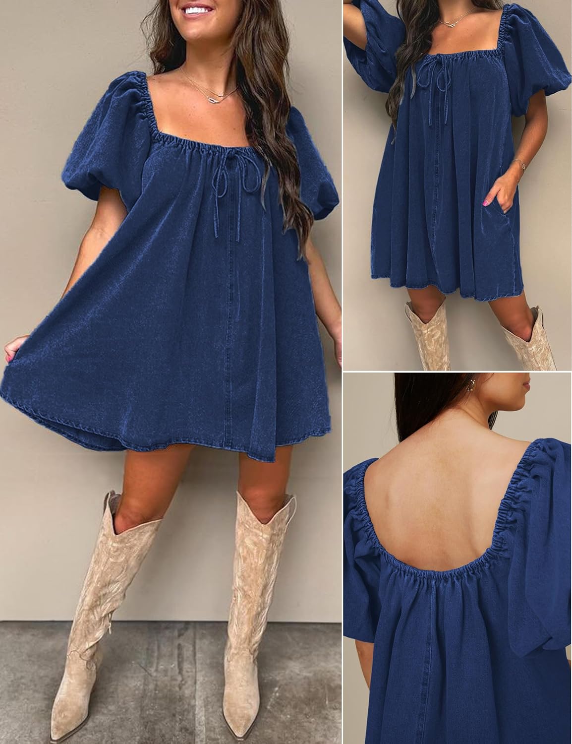 Denim Dress for Women, Puff Short Sleeve Jean Dress Square Neck Denim Romper with Pockets - Image 6
